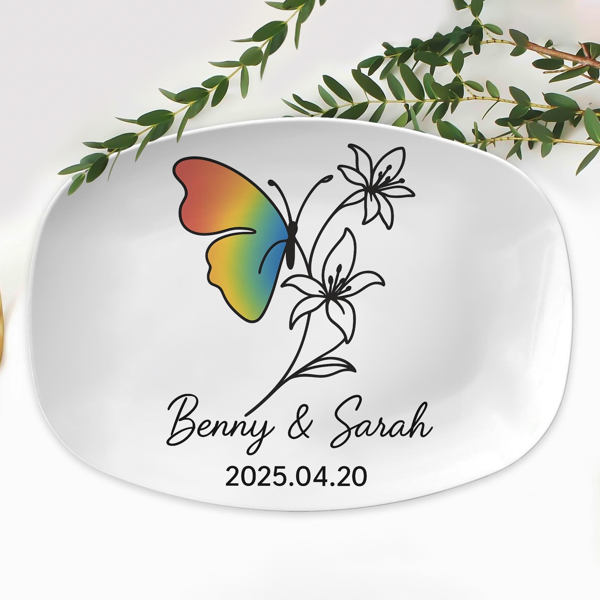 Personalized Butterfly Flower Platter – Custom LGBT Rainbow Pride Tray – Colorful Nature-Inspired Gift for Weddings, Home Decor