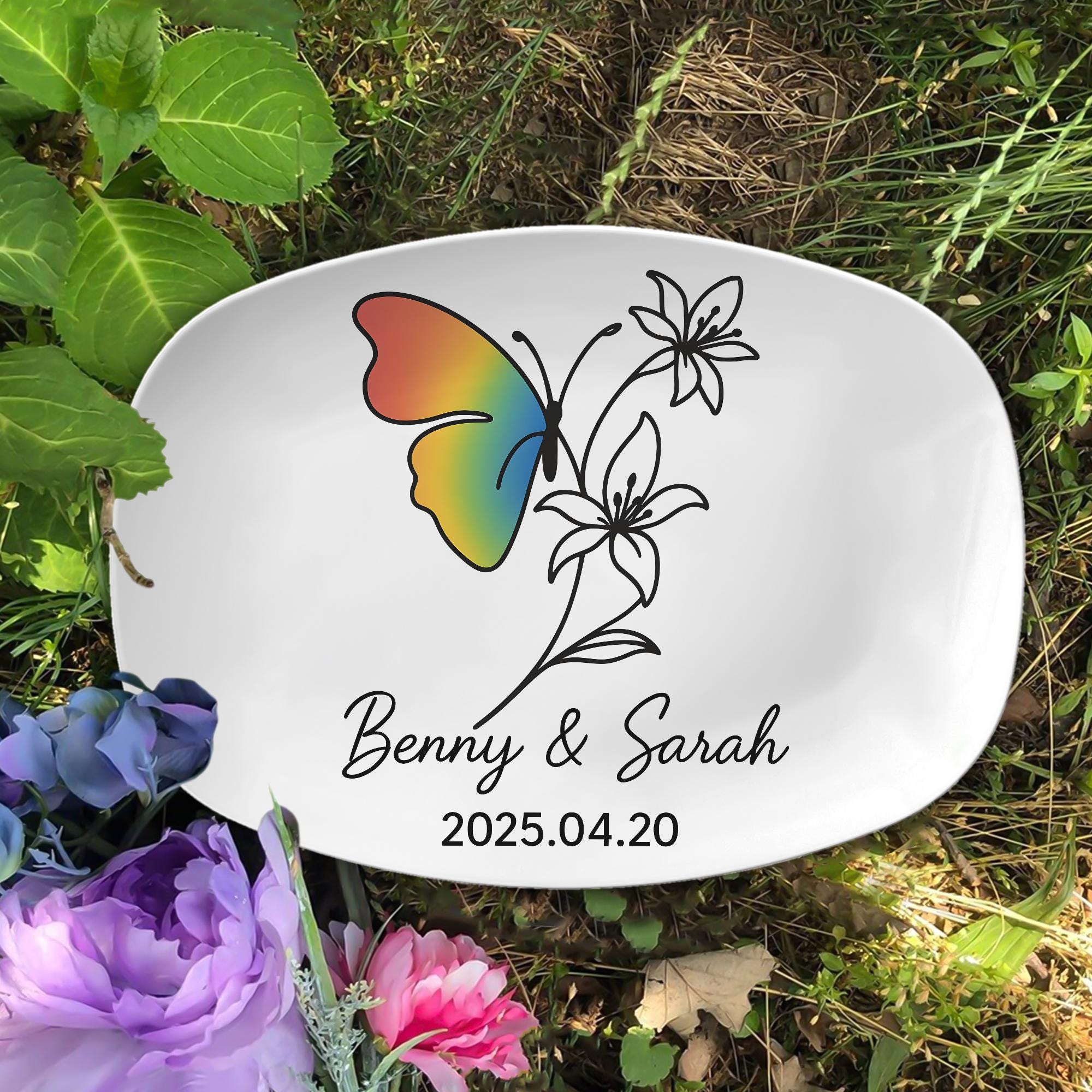 Personalized Butterfly Flower Platter – Custom LGBT Rainbow Pride Tray – Colorful Nature-Inspired Gift for Weddings, Home Decor