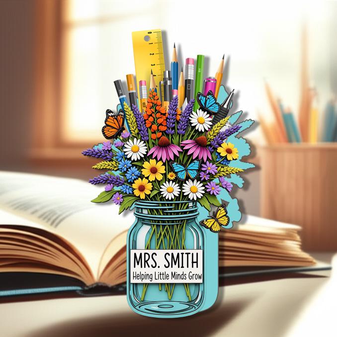 Personalized Teacher Desk Decor | Floral Jar Name Pencil Holder | Custom Classroom Gift for Teacher Appreciation or Back To School Gift