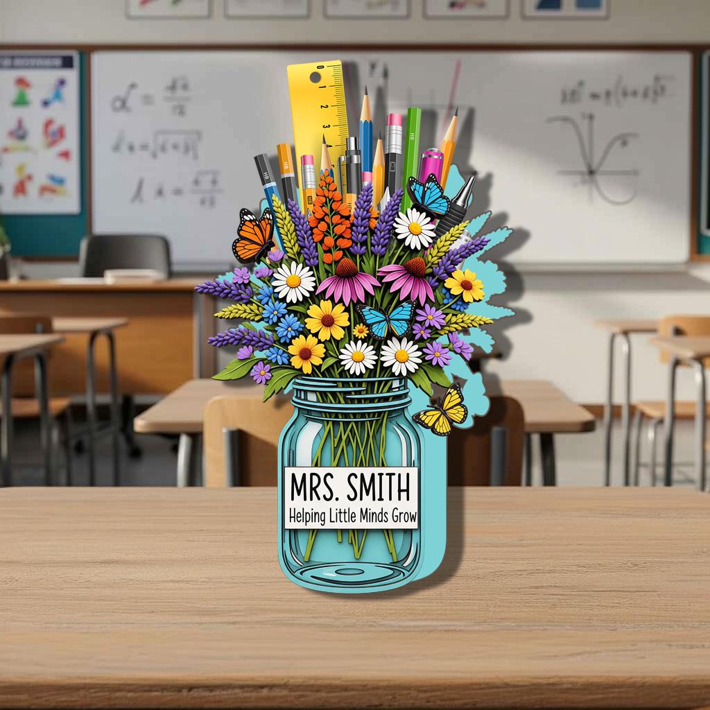 Personalized Teacher Desk Decor | Floral Jar Name Pencil Holder | Custom Classroom Gift for Teacher Appreciation or Back To School Gift