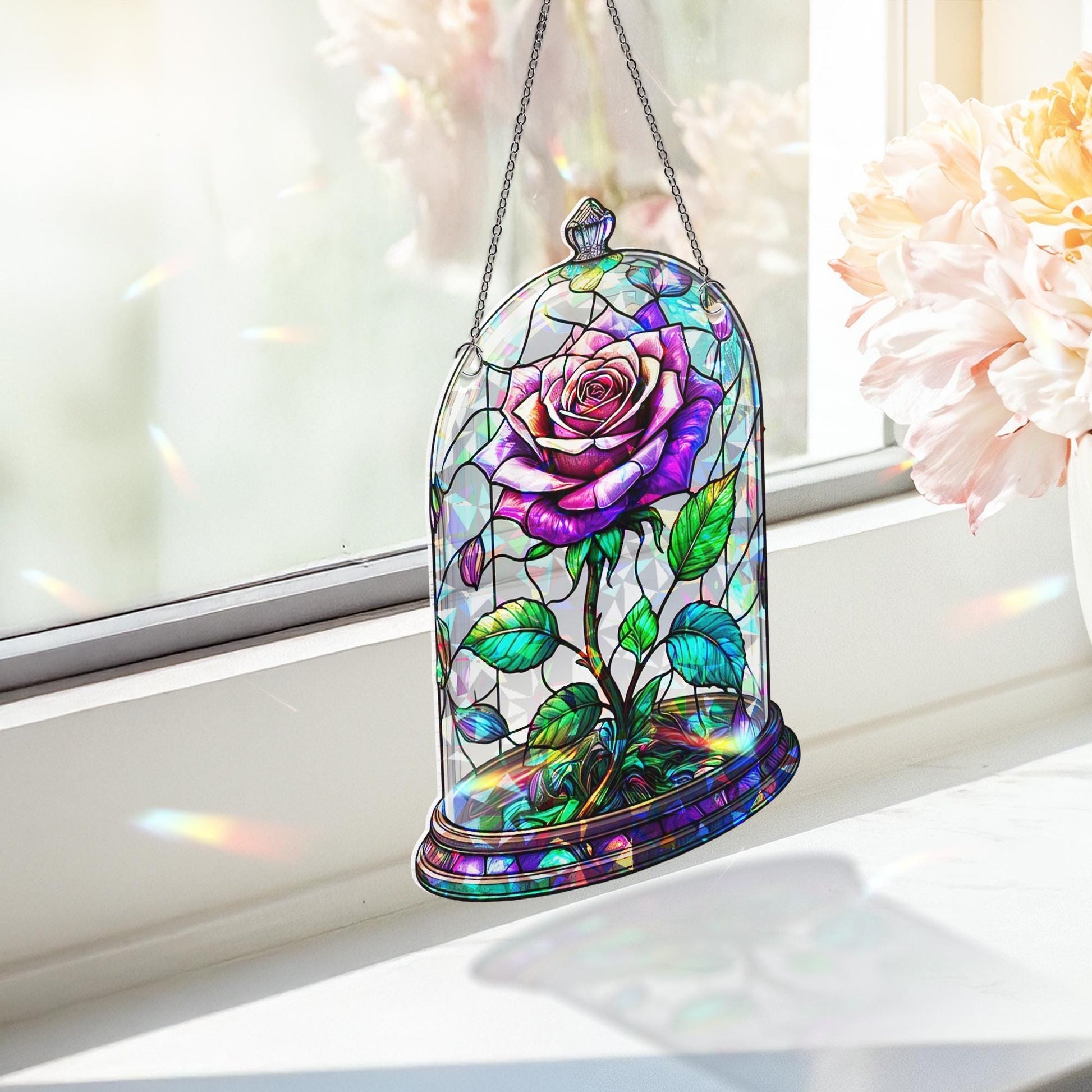 Enchanted Rose Acrylic Window Hanging – Stained Glass Look Sun Catcher, Romantic Flower Decor, Beauty Inspired Gift for Her