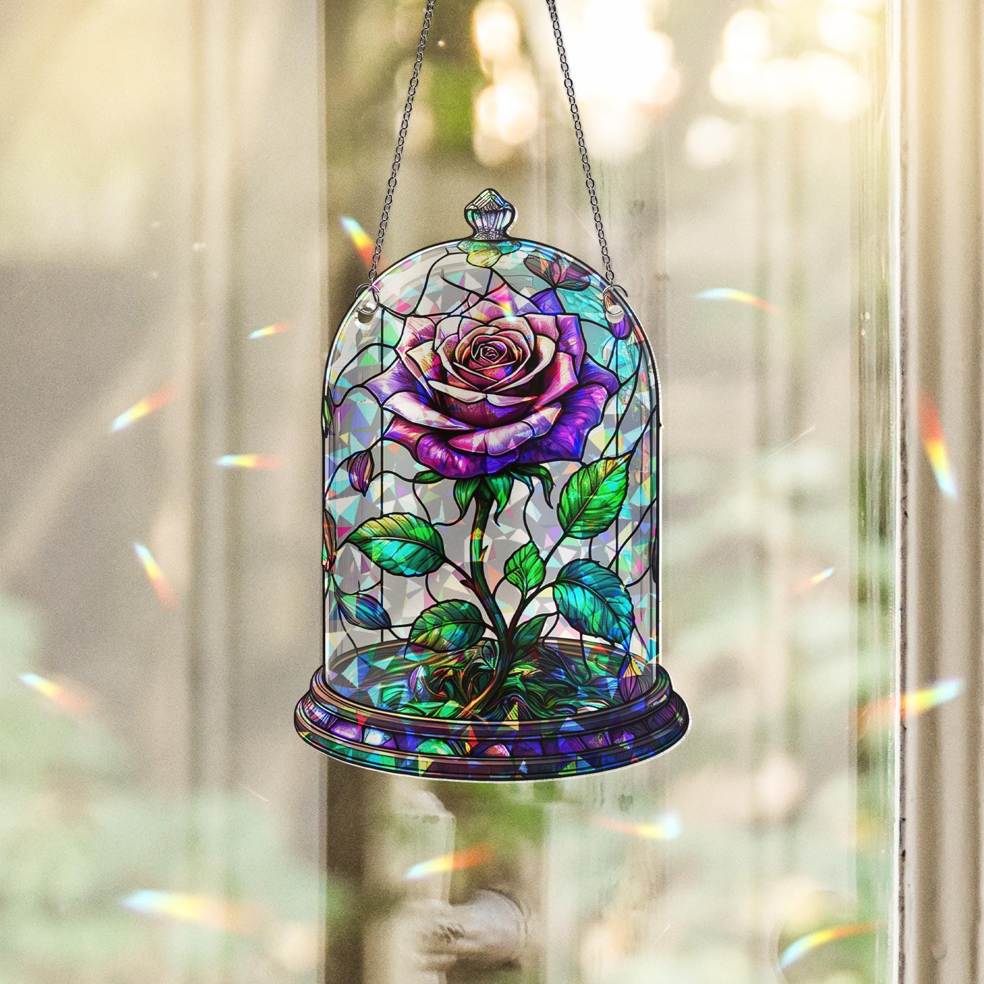 Enchanted Rose Acrylic Window Hanging – Stained Glass Look Sun Catcher, Romantic Flower Decor, Beauty Inspired Gift for Her