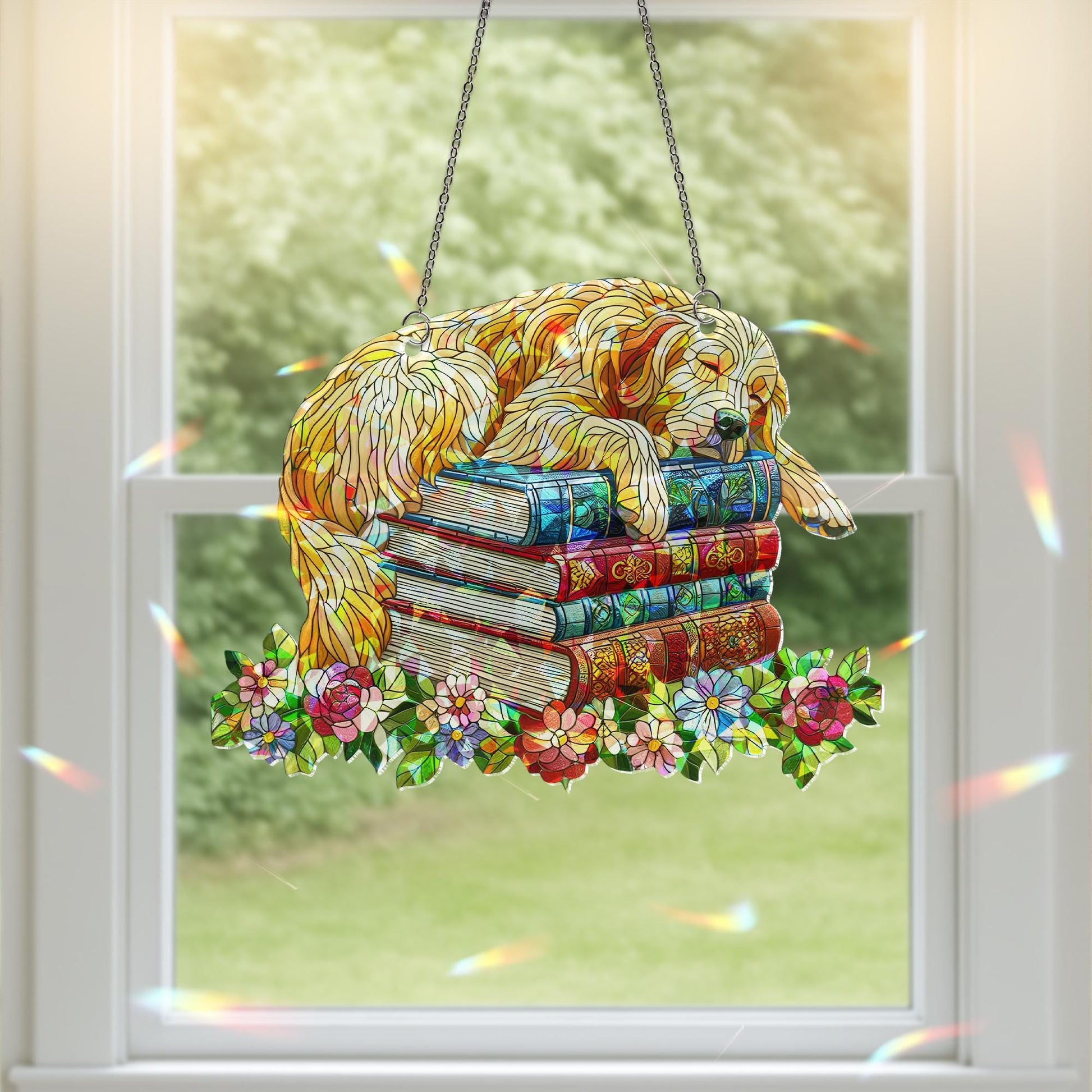 Golden Retriever Book Suncatcher, Holographic Acrylic Window Decor, Dog and Books Floral Sun Catcher Gift for Readers & Pet Lovers