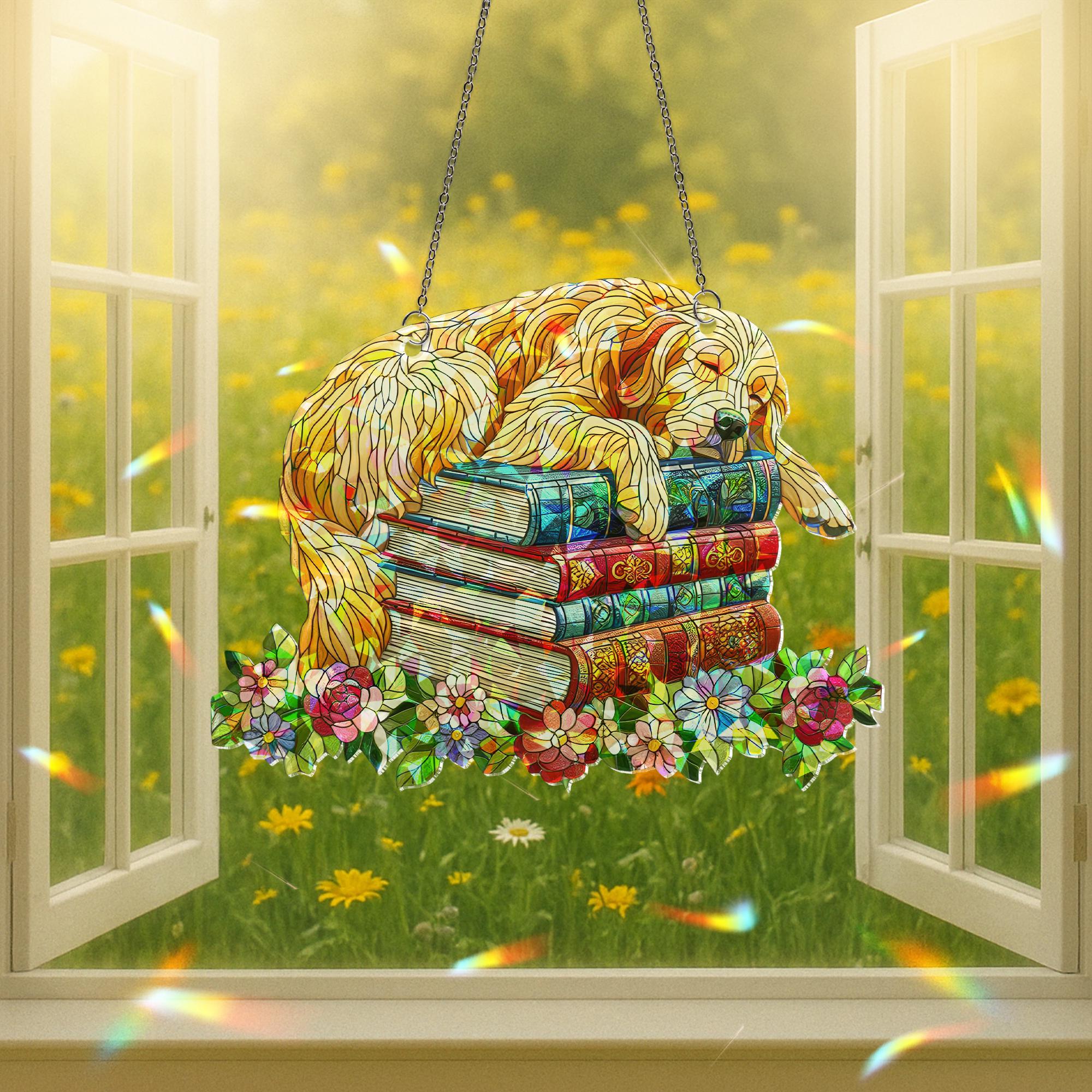 Golden Retriever Book Suncatcher, Holographic Acrylic Window Decor, Dog and Books Floral Sun Catcher Gift for Readers & Pet Lovers
