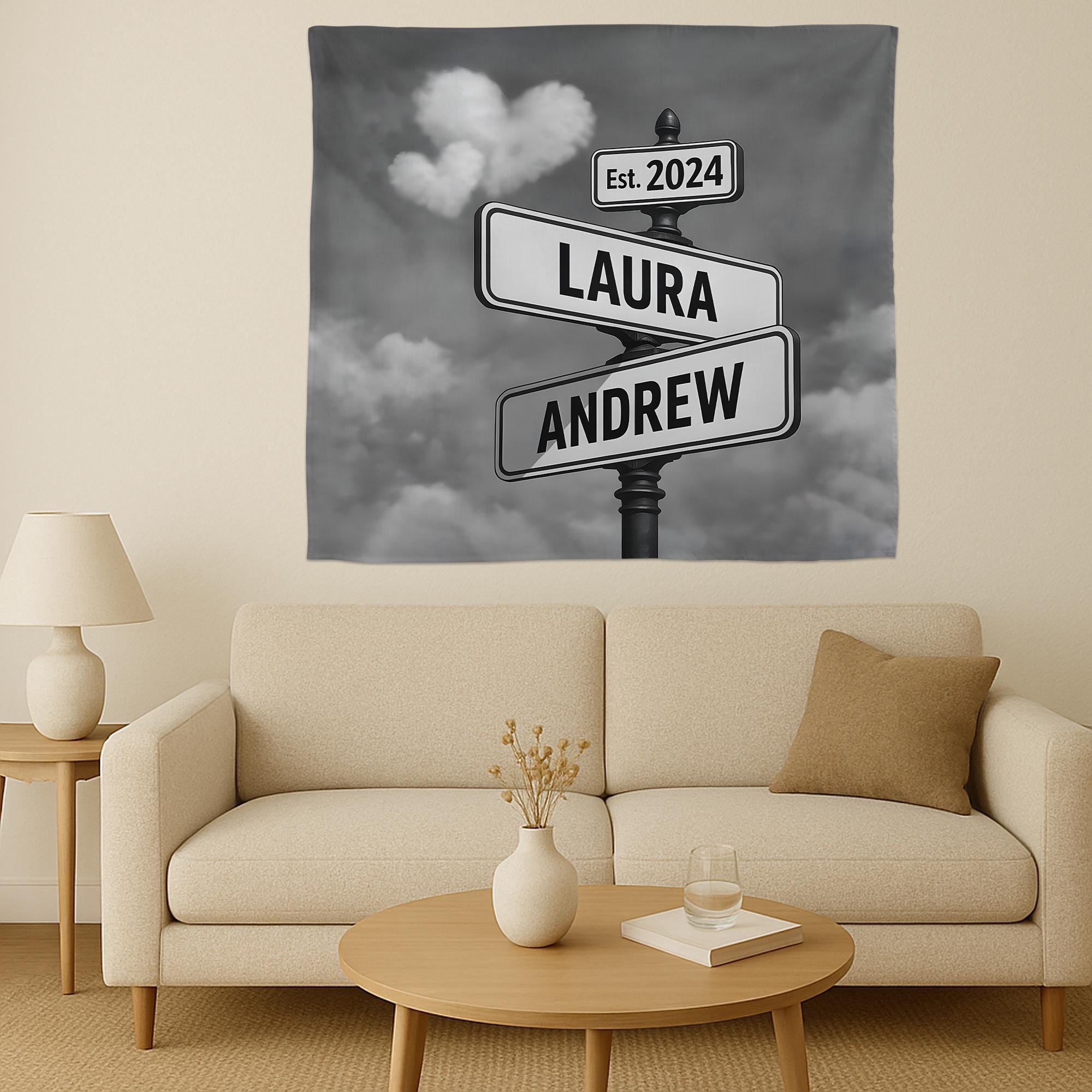 Custom Couple Street Sign Tapestry, Personalized Wall Art with Names & Est. Date, Romantic Gift for Anniversary, Wedding, or Home