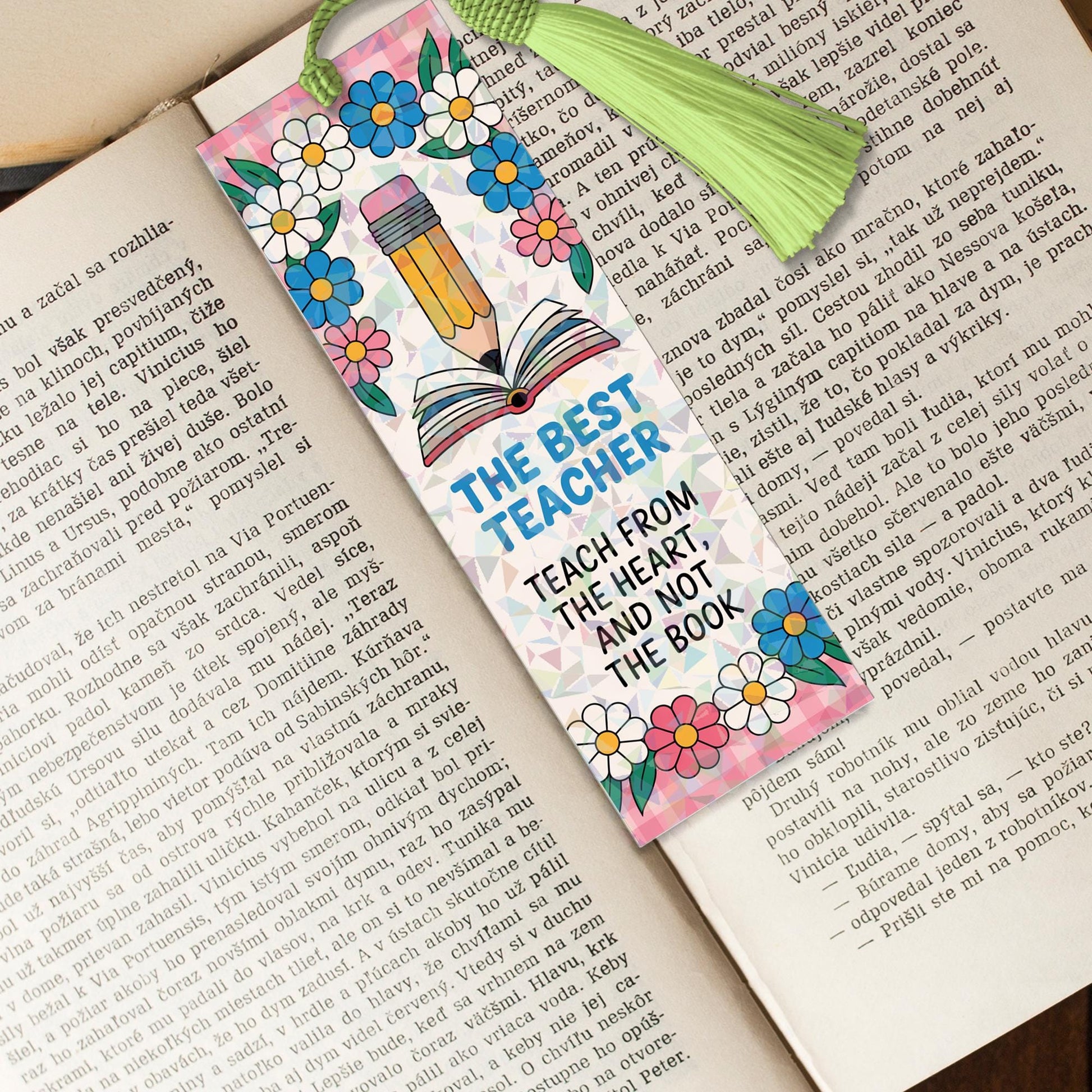 The Best Teacher Teaches From The Heart Bookmark - Back To School Teacher Gift, Thank You Present for Educators, Floral Bookmark