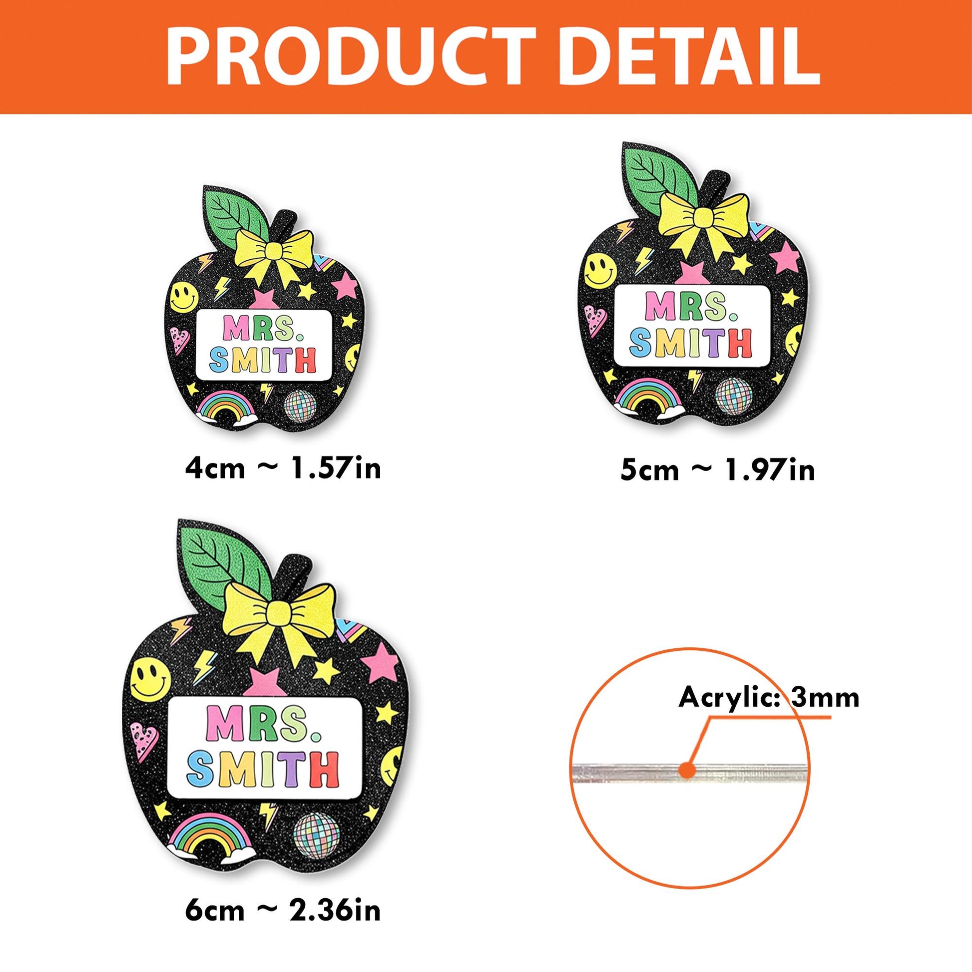 Personalized Teacher Badge Reel - Retro Black Glitter Apple ID Holder with Name - Cute Rainbow Star Smiley Back to School Gift, Teacher Gift