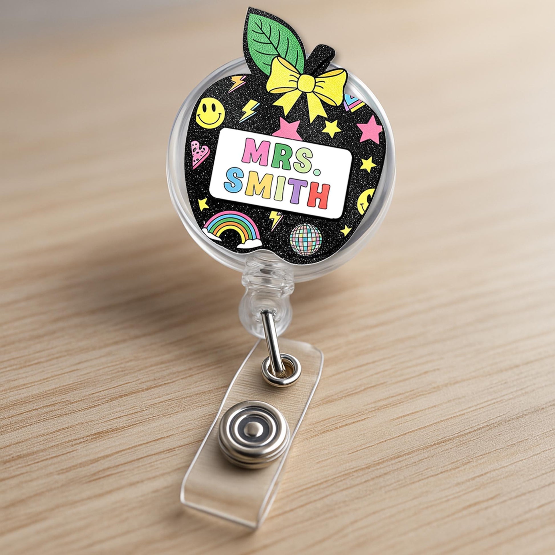 Personalized Teacher Badge Reel - Retro Black Glitter Apple ID Holder with Name - Cute Rainbow Star Smiley Back to School Gift, Teacher Gift