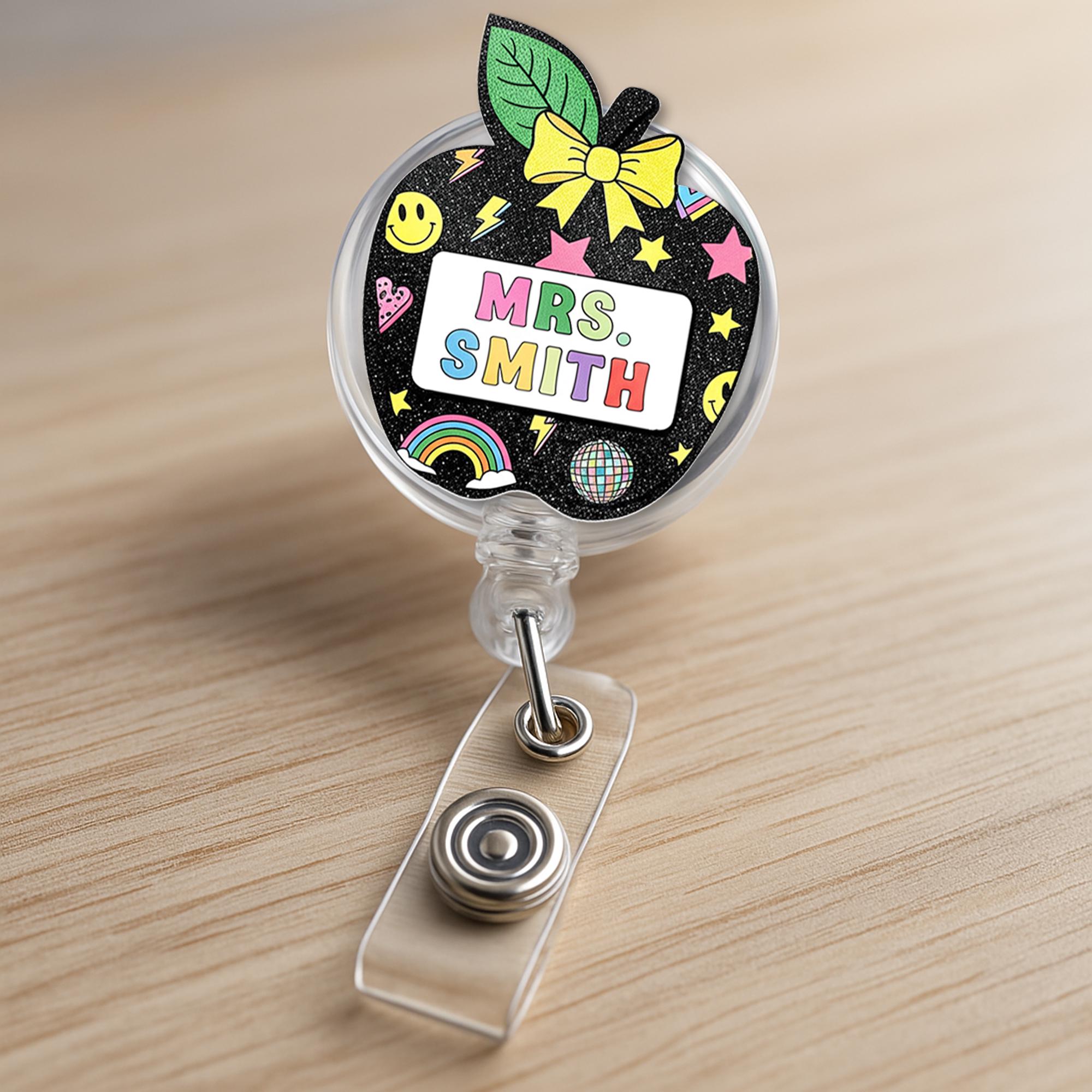 Personalized Teacher Badge Reel - Retro Black Glitter Apple ID Holder with Name - Cute Rainbow Star Smiley Back to School Gift, Teacher Gift