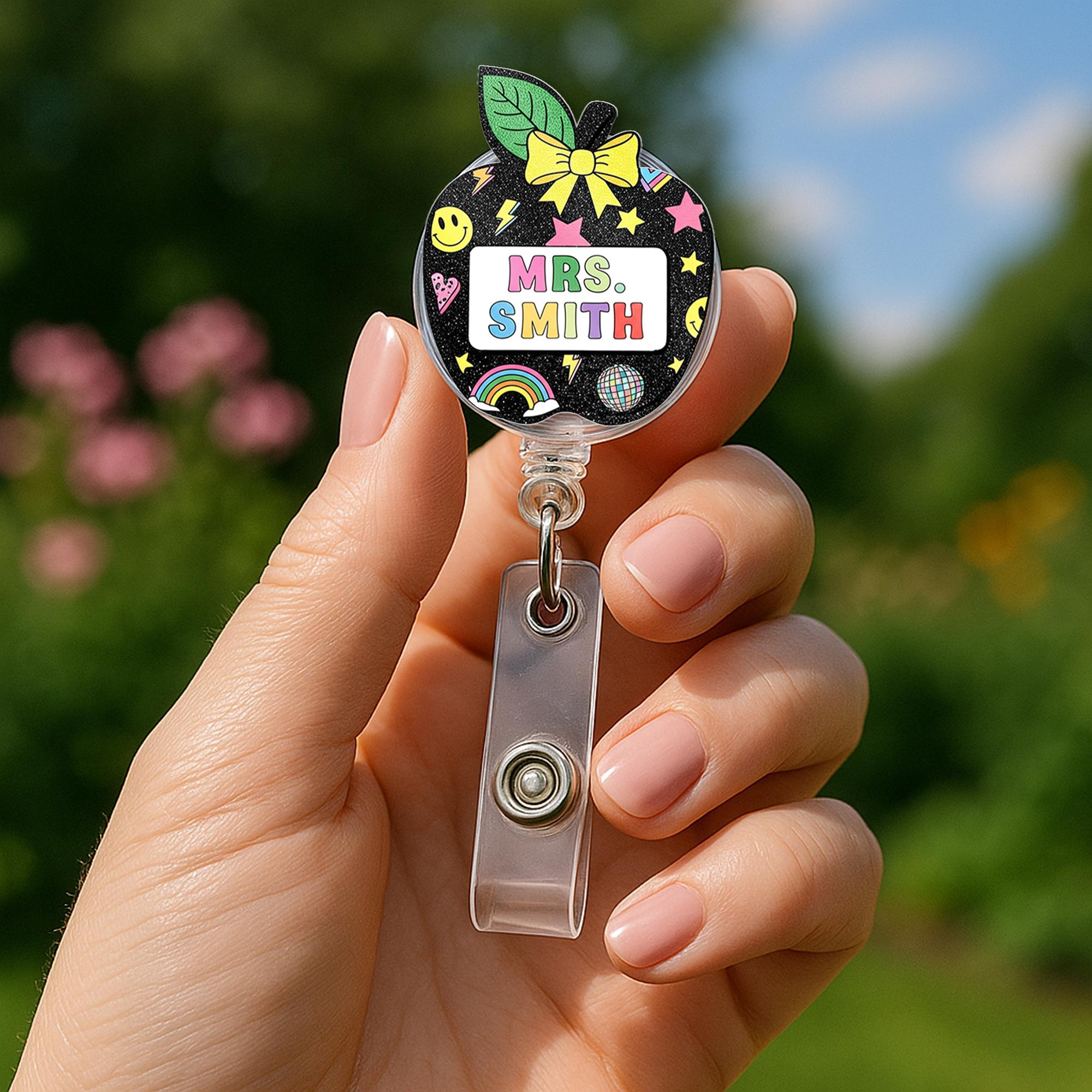 Personalized Teacher Badge Reel - Retro Black Glitter Apple ID Holder with Name - Cute Rainbow Star Smiley Back to School Gift, Teacher Gift