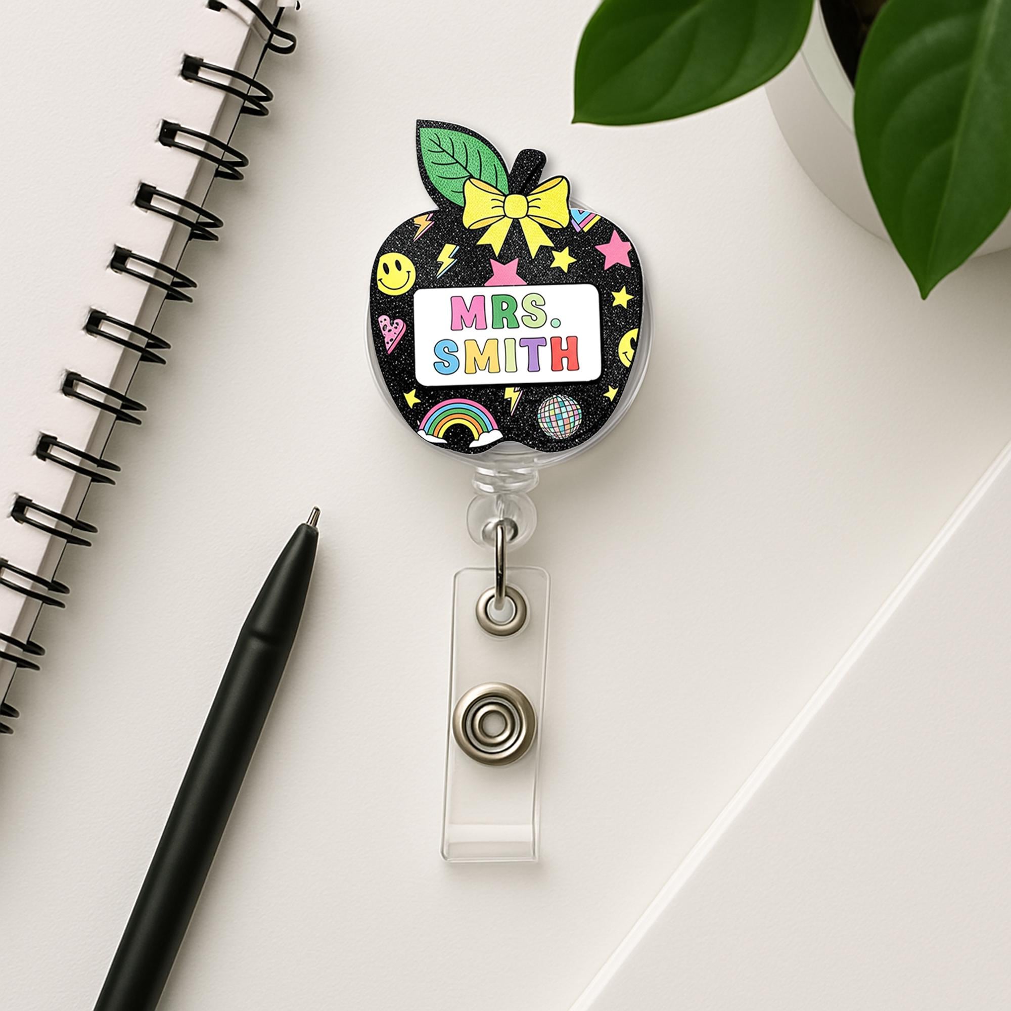 Personalized Teacher Badge Reel - Retro Black Glitter Apple ID Holder with Name - Cute Rainbow Star Smiley Back to School Gift, Teacher Gift