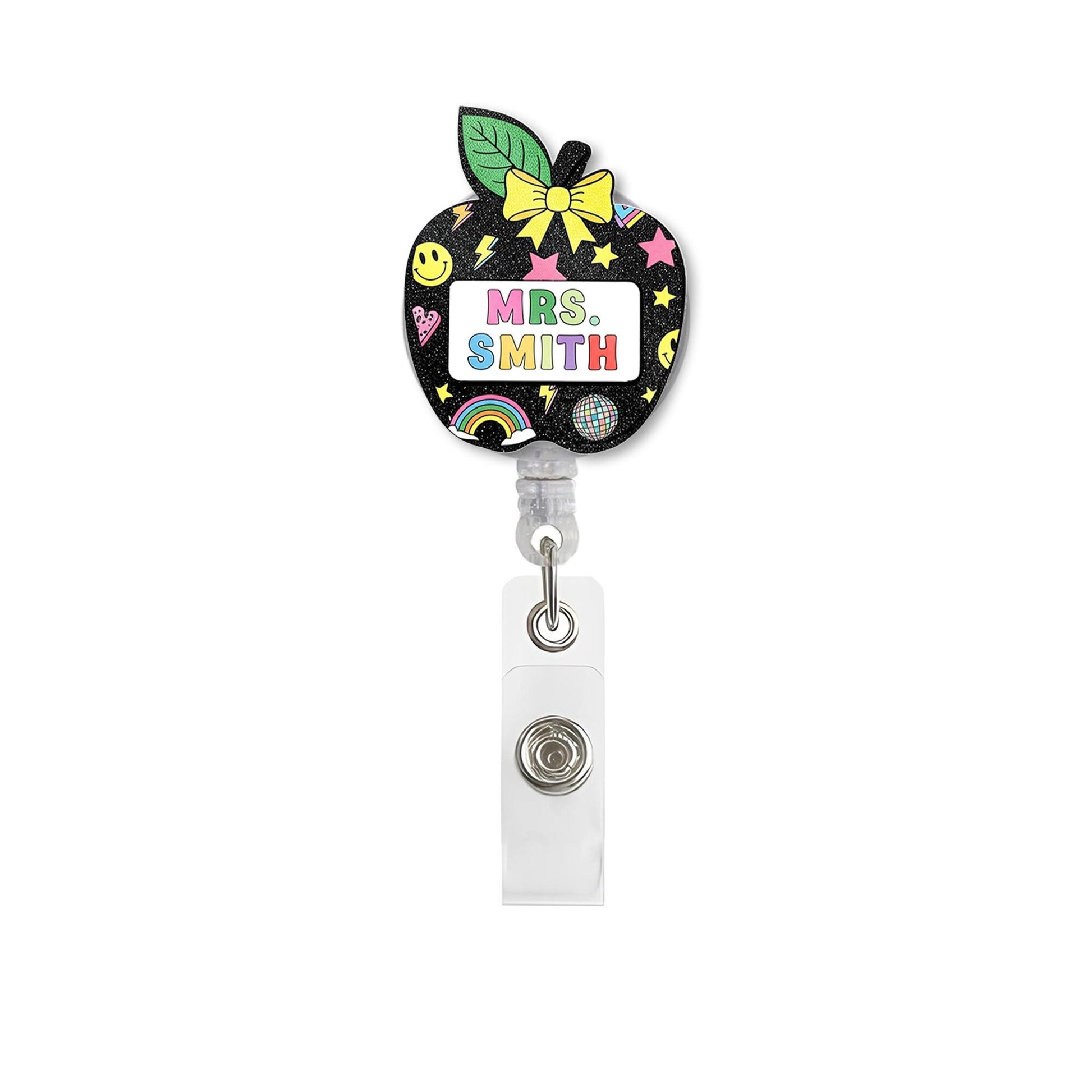 Personalized Teacher Badge Reel - Retro Black Glitter Apple ID Holder with Name - Cute Rainbow Star Smiley Back to School Gift, Teacher Gift