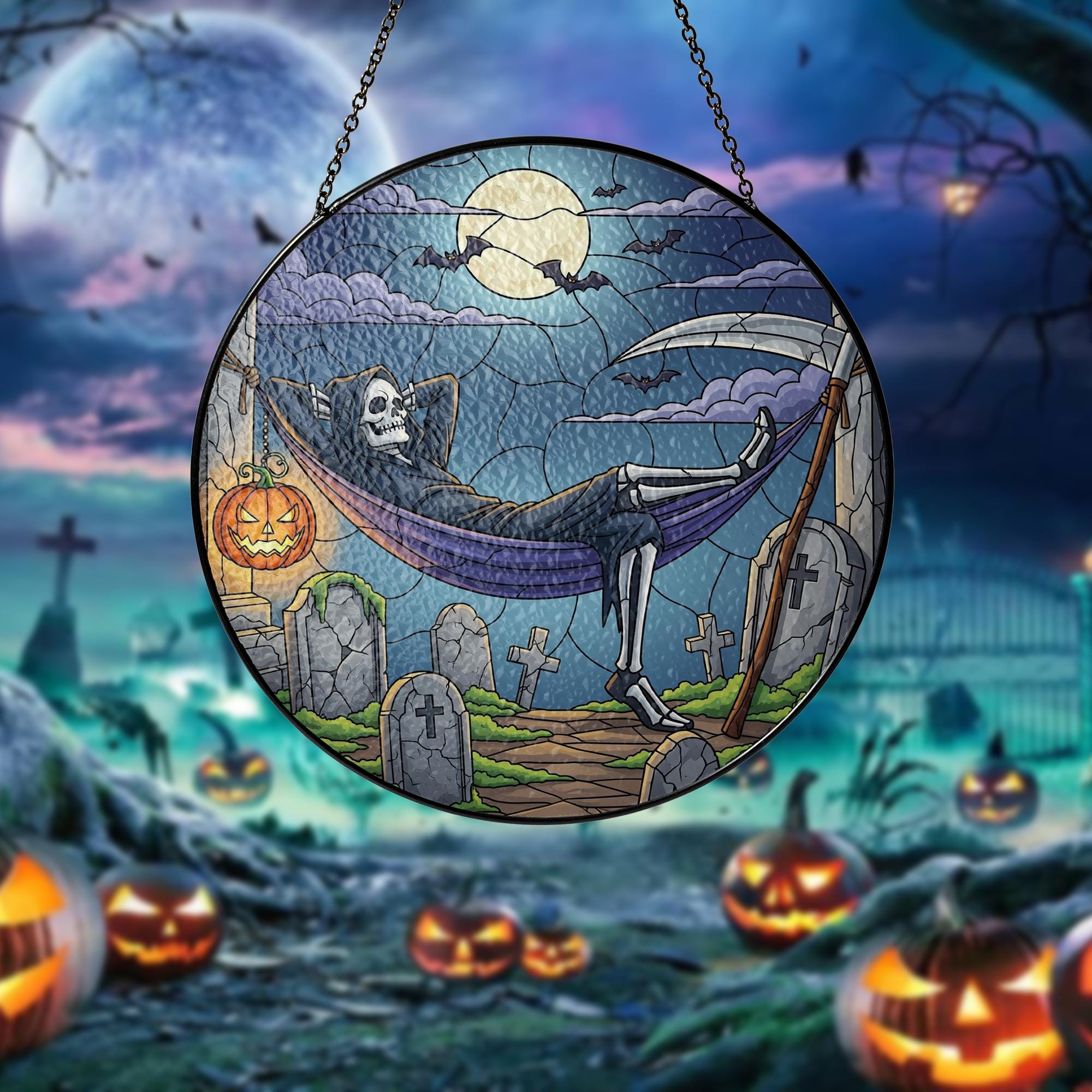 Stained Glass Halloween Suncatcher – Grim Reaper Skeleton in Hammock – Spooky Gothic Window Decor – Creepy Graveyard Art Gift