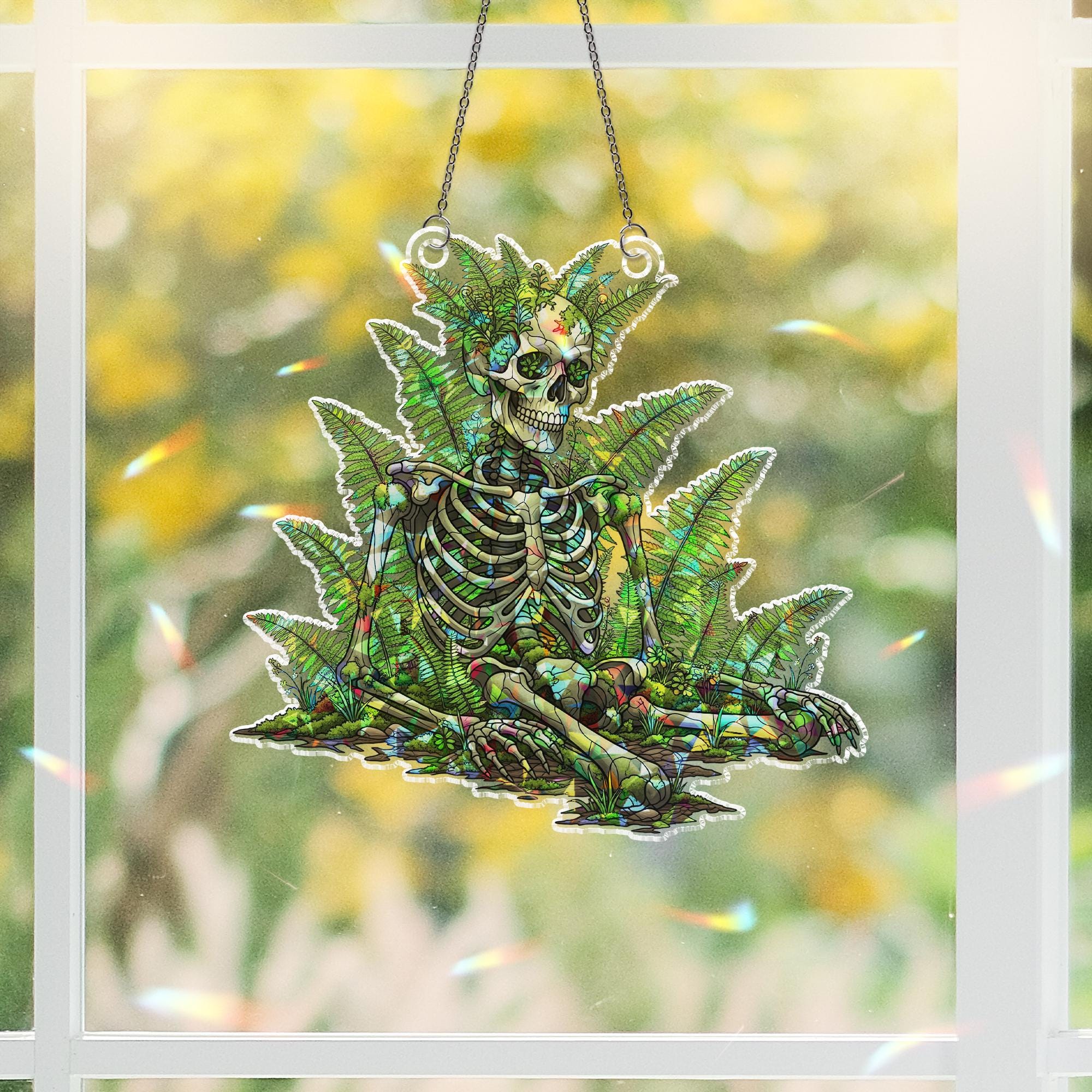 Botanical Skeleton Suncatcher – Stained Glass Gothic Window Decor – Skeleton Plant Art – Cottagecore Skull Gift – Nature Goth SunCatcher