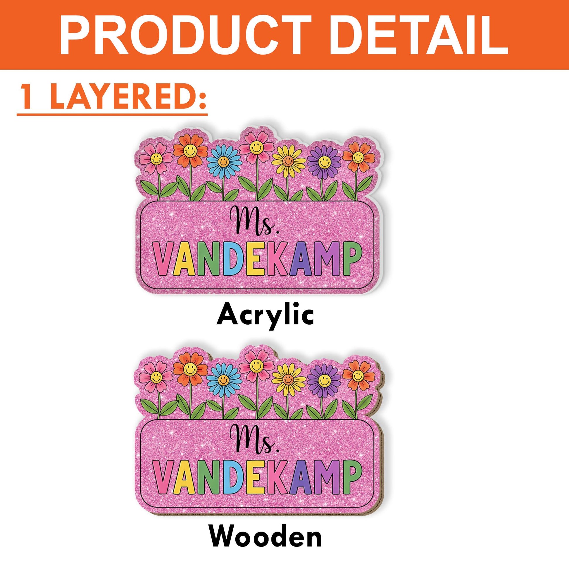 Custom Teacher Name Tag, Floral Name Badge with Magnet, Personalized Faux Glitter Badge, Cute Classroom Gift for Women, Spring Theme ID