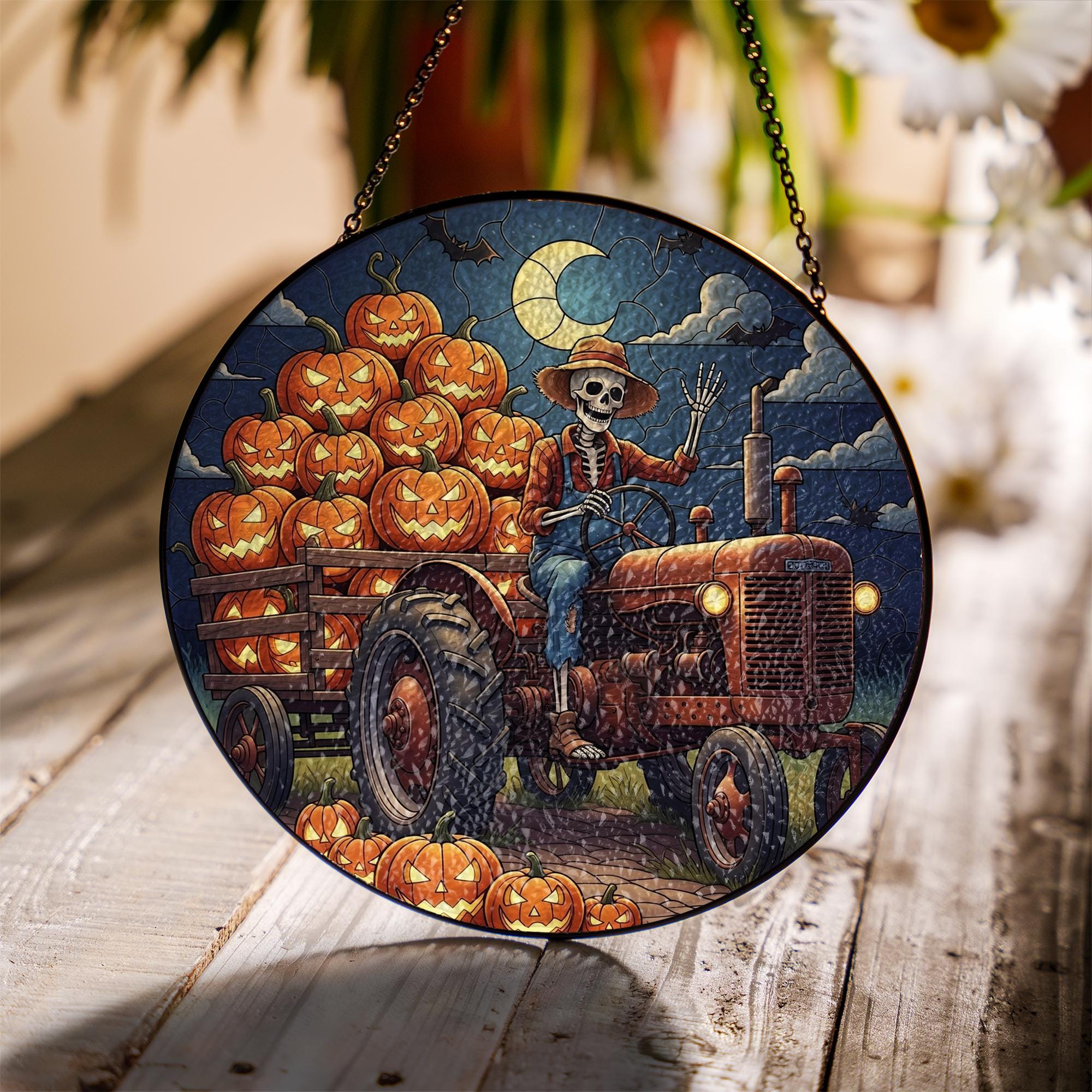 Halloween Skeleton Farmer Suncatcher – Pumpkin Truck Stained Glass Decor – Spooky Fall Window Hanging – Gothic Farmhouse Autumn Art
