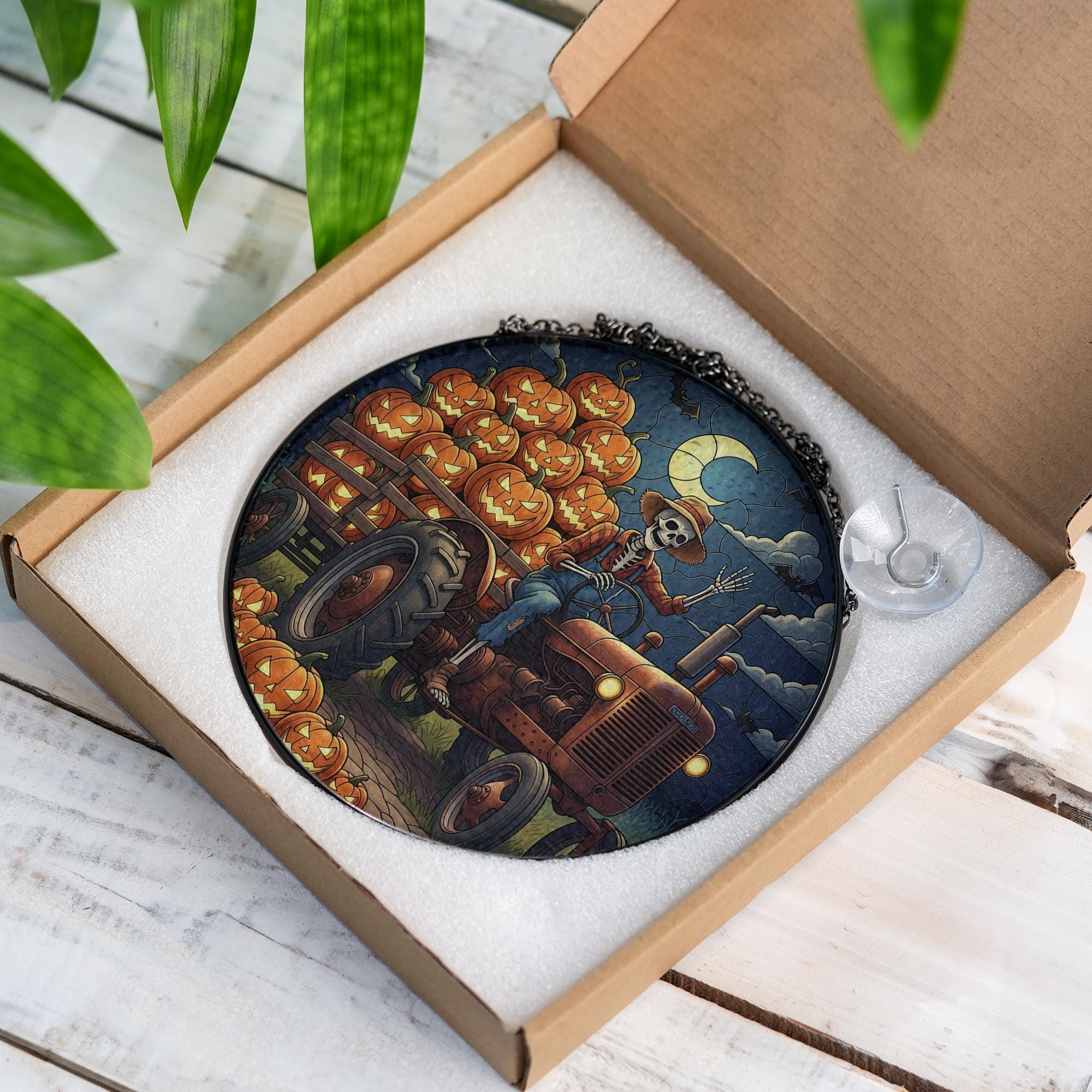 Halloween Skeleton Farmer Suncatcher – Pumpkin Truck Stained Glass Decor – Spooky Fall Window Hanging – Gothic Farmhouse Autumn Art