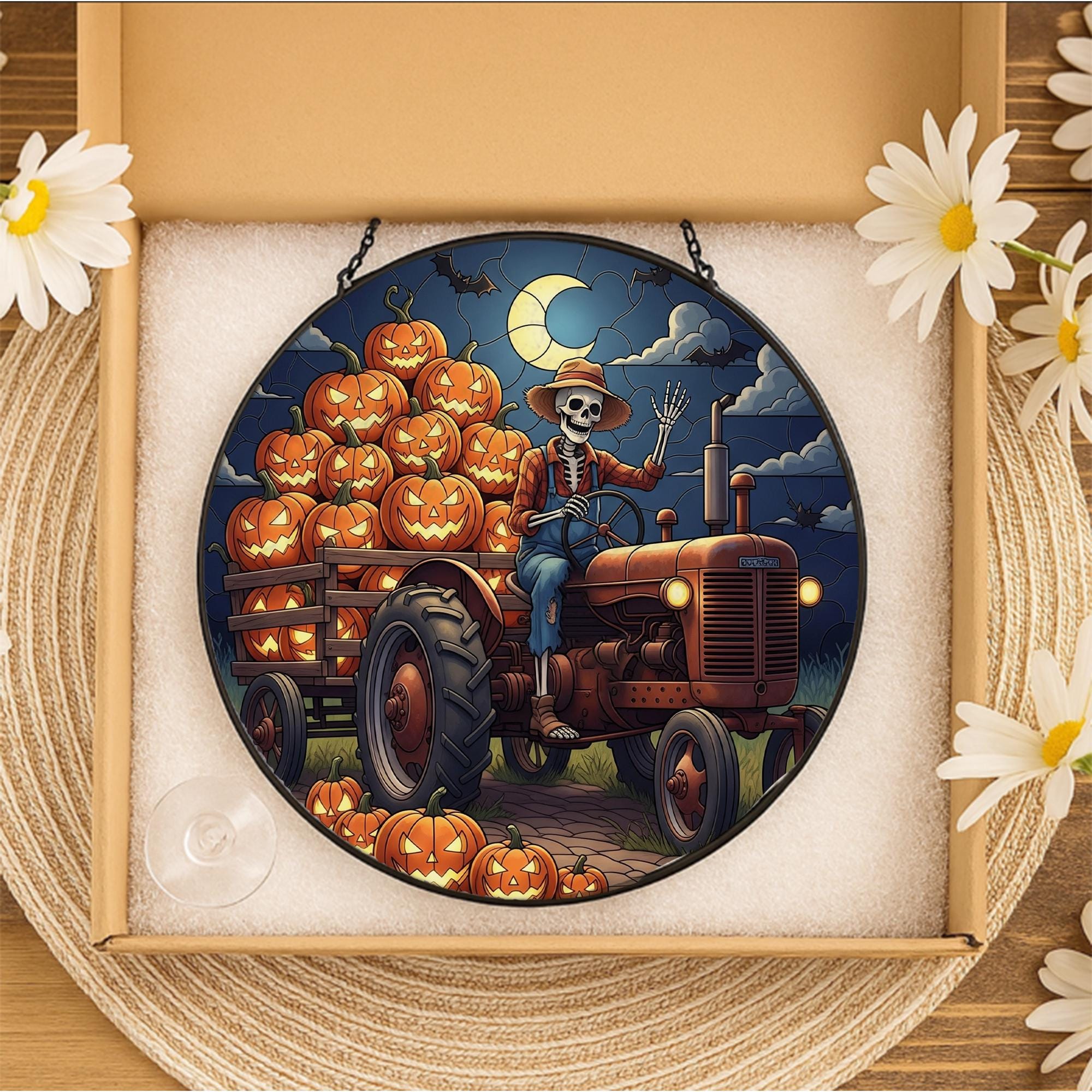 Halloween Skeleton Farmer Suncatcher – Pumpkin Truck Stained Glass Decor – Spooky Fall Window Hanging – Gothic Farmhouse Autumn Art