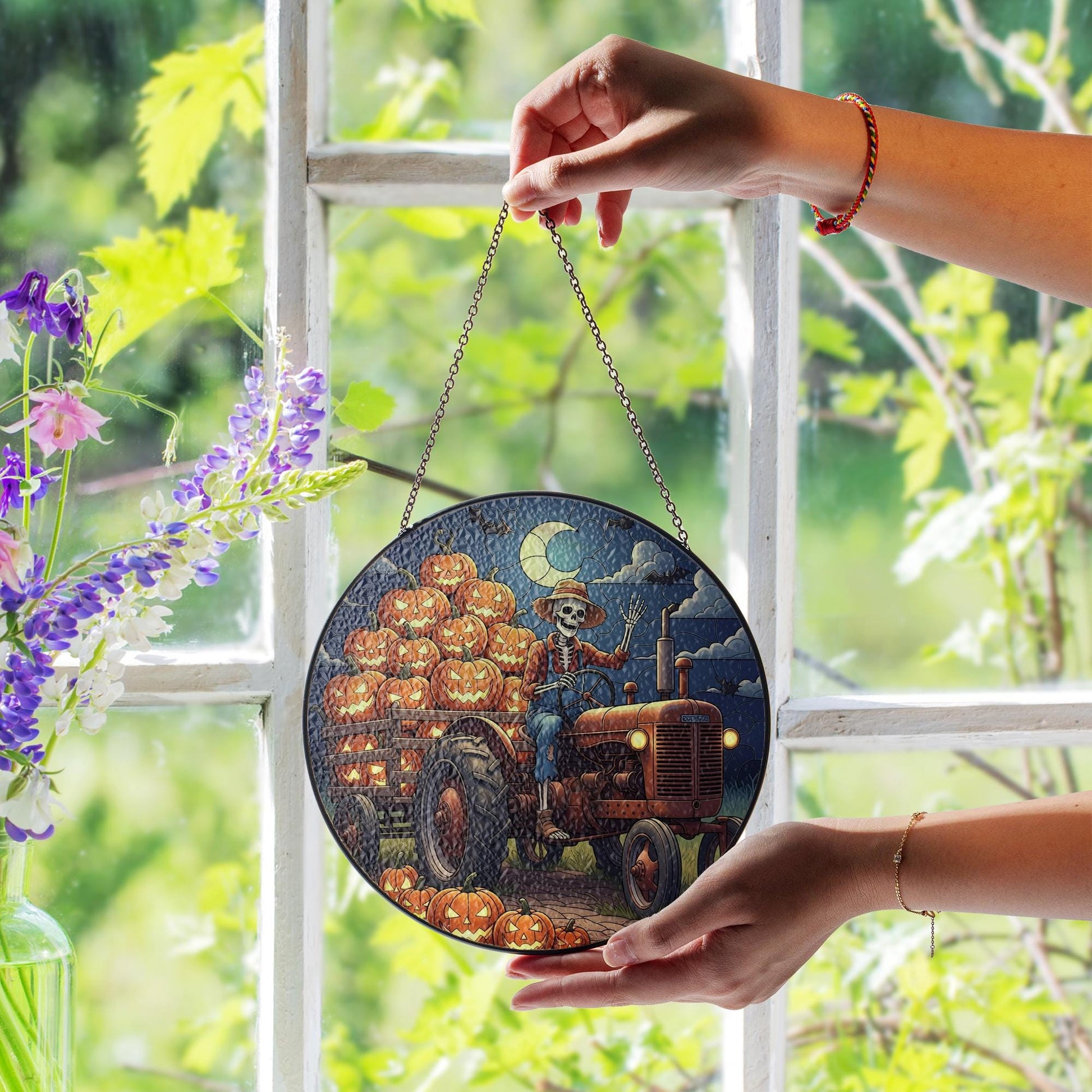 Halloween Skeleton Farmer Suncatcher – Pumpkin Truck Stained Glass Decor – Spooky Fall Window Hanging – Gothic Farmhouse Autumn Art