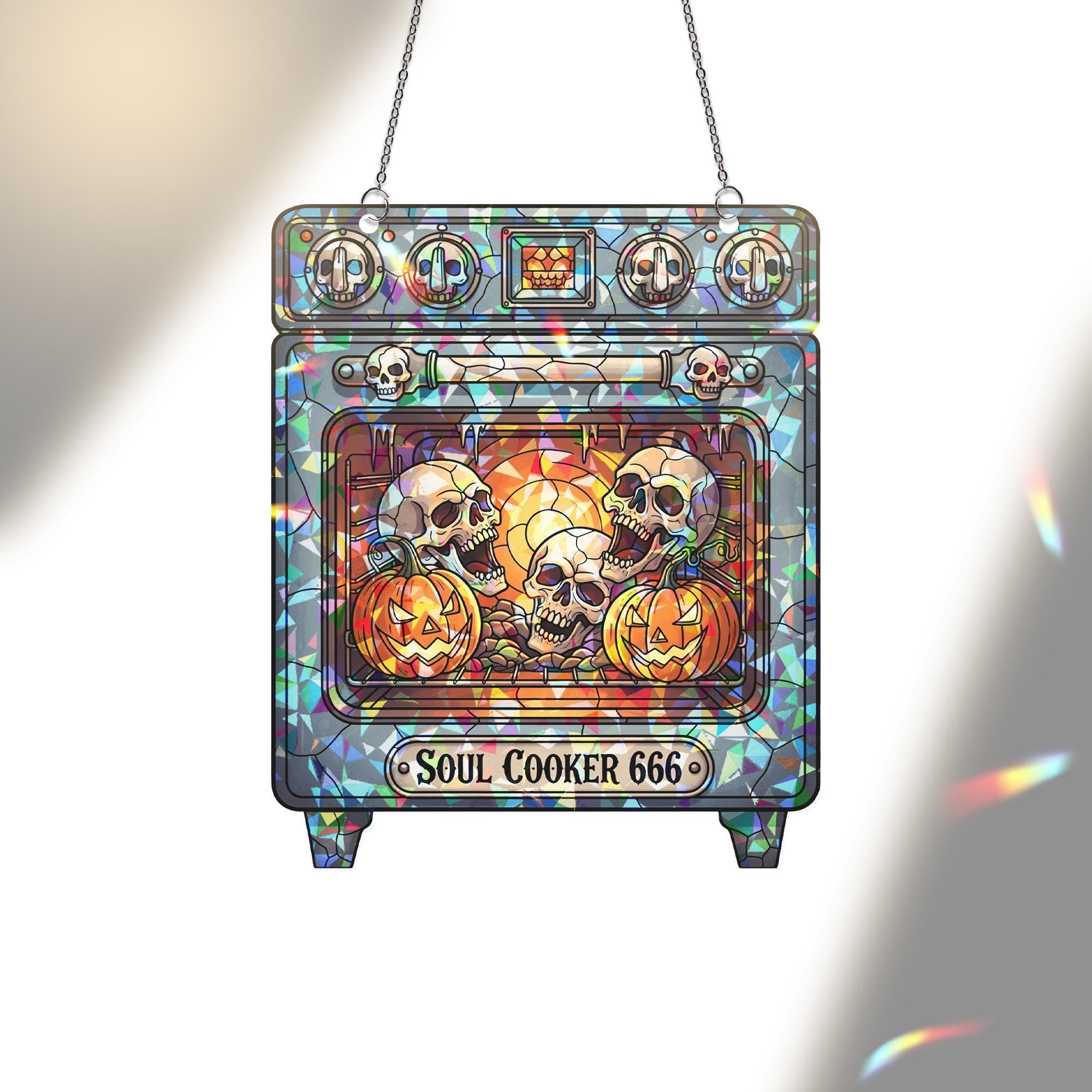 Soul Cooker 666 Stained Glass Suncatcher – Halloween Skull Oven Decor – Spooky Gothic Kitchen Art – Funny Creepy Window Hanging