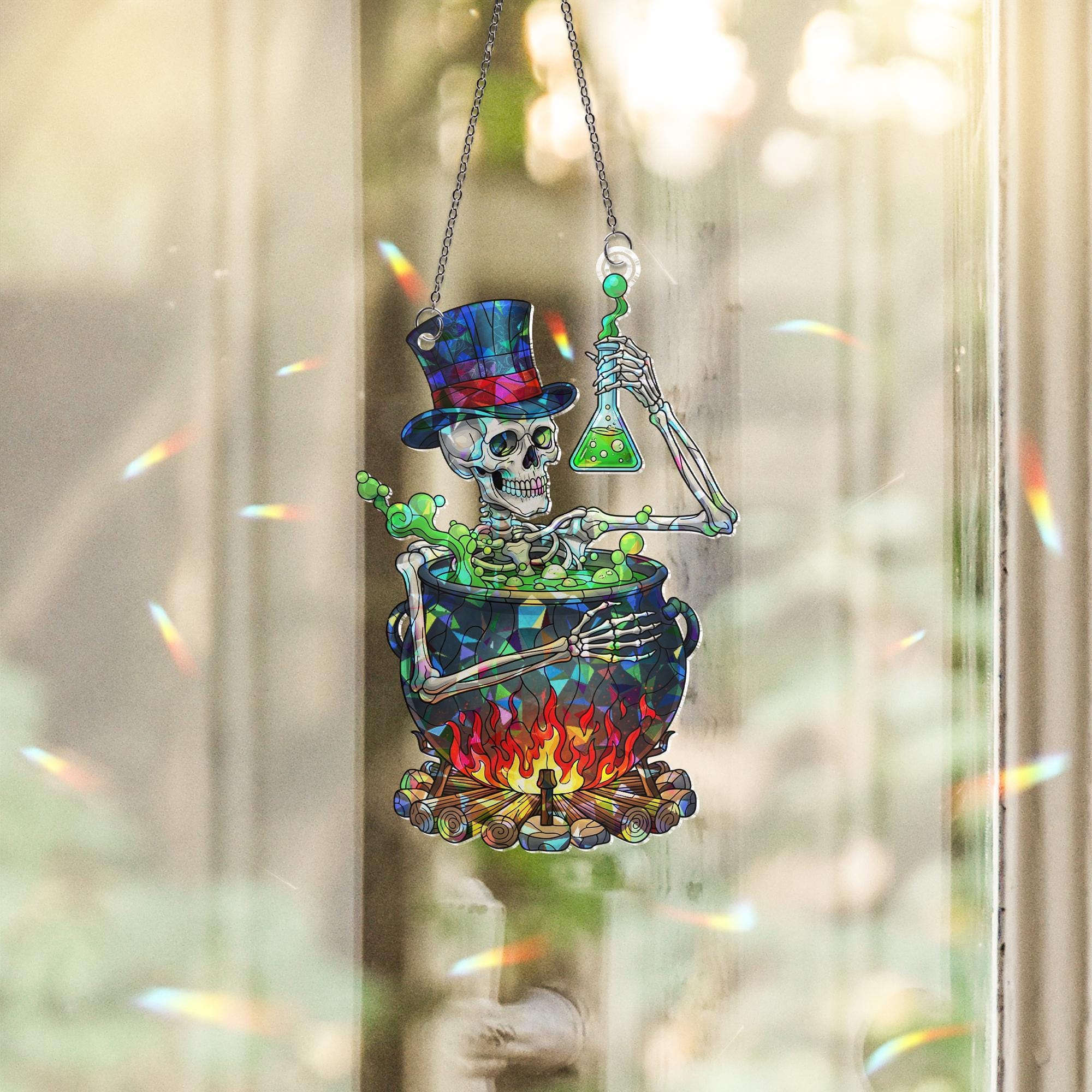 Skeleton Cauldron Suncatcher – Gothic Witch Decor, Halloween Window Hanging, Stained Glass Potion Art, Spooky Alchemy Gift