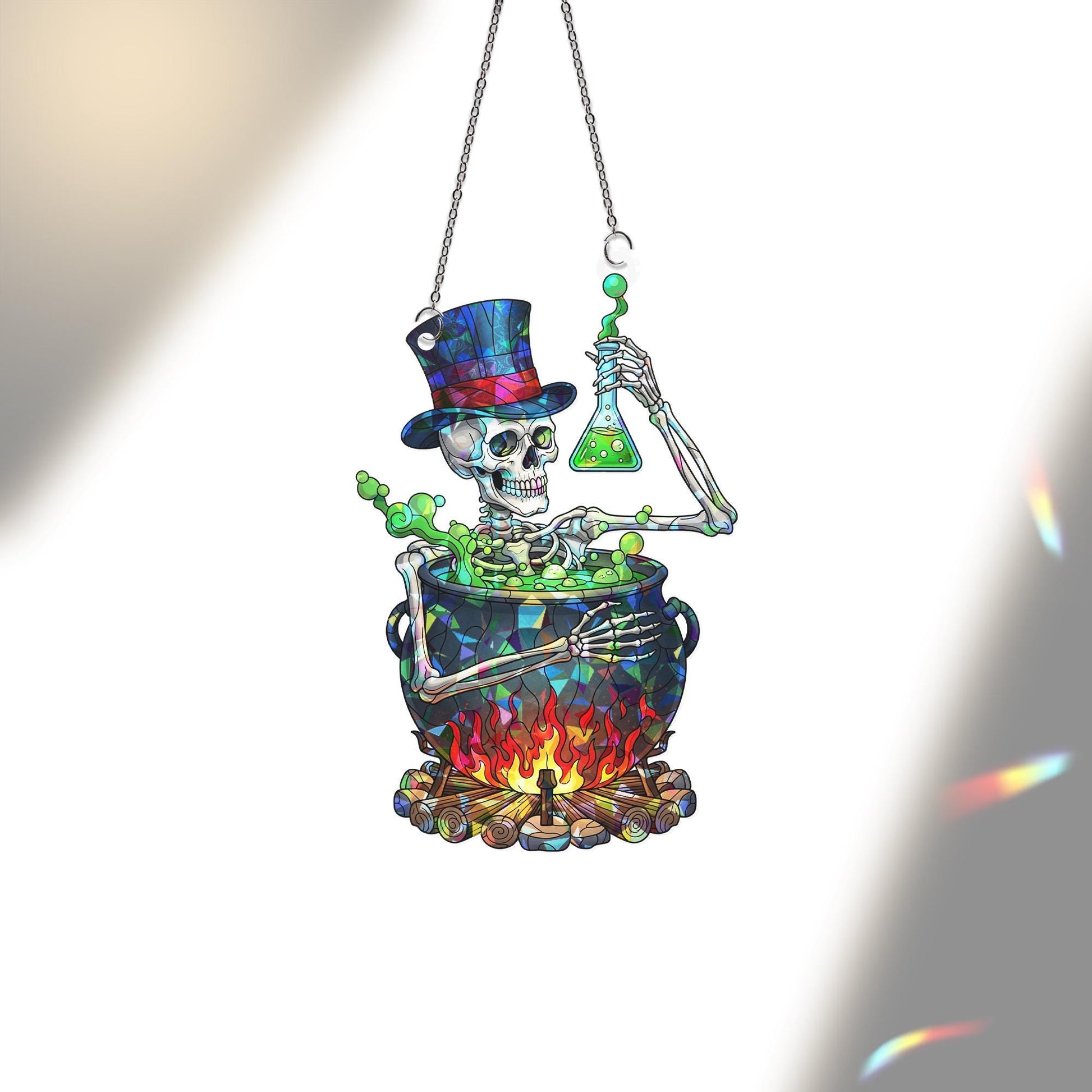 Skeleton Cauldron Suncatcher – Gothic Witch Decor, Halloween Window Hanging, Stained Glass Potion Art, Spooky Alchemy Gift
