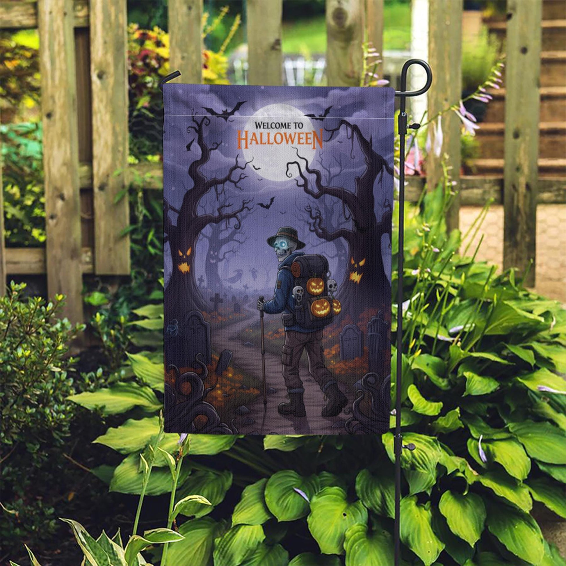 Halloween Garden Flag – Skeleton Pumpkin Graveyard Decor, Spooky Yard Banner, Fall Outdoor Decoration, Welcome to Halloween Sign