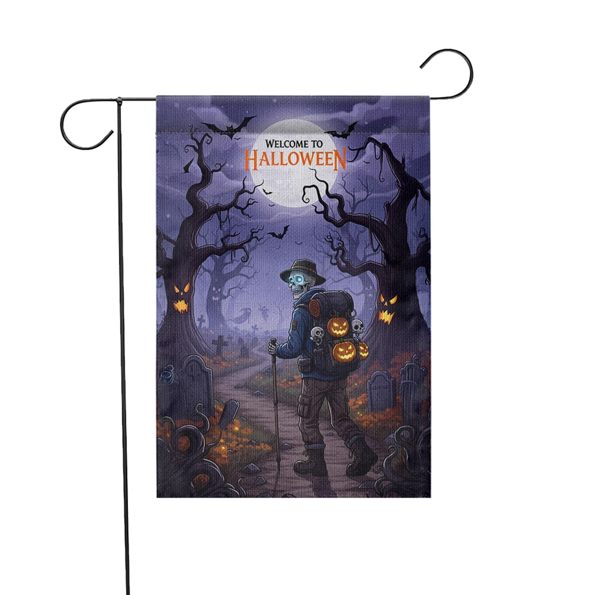 Halloween Garden Flag – Skeleton Pumpkin Graveyard Decor, Spooky Yard Banner, Fall Outdoor Decoration, Welcome to Halloween Sign