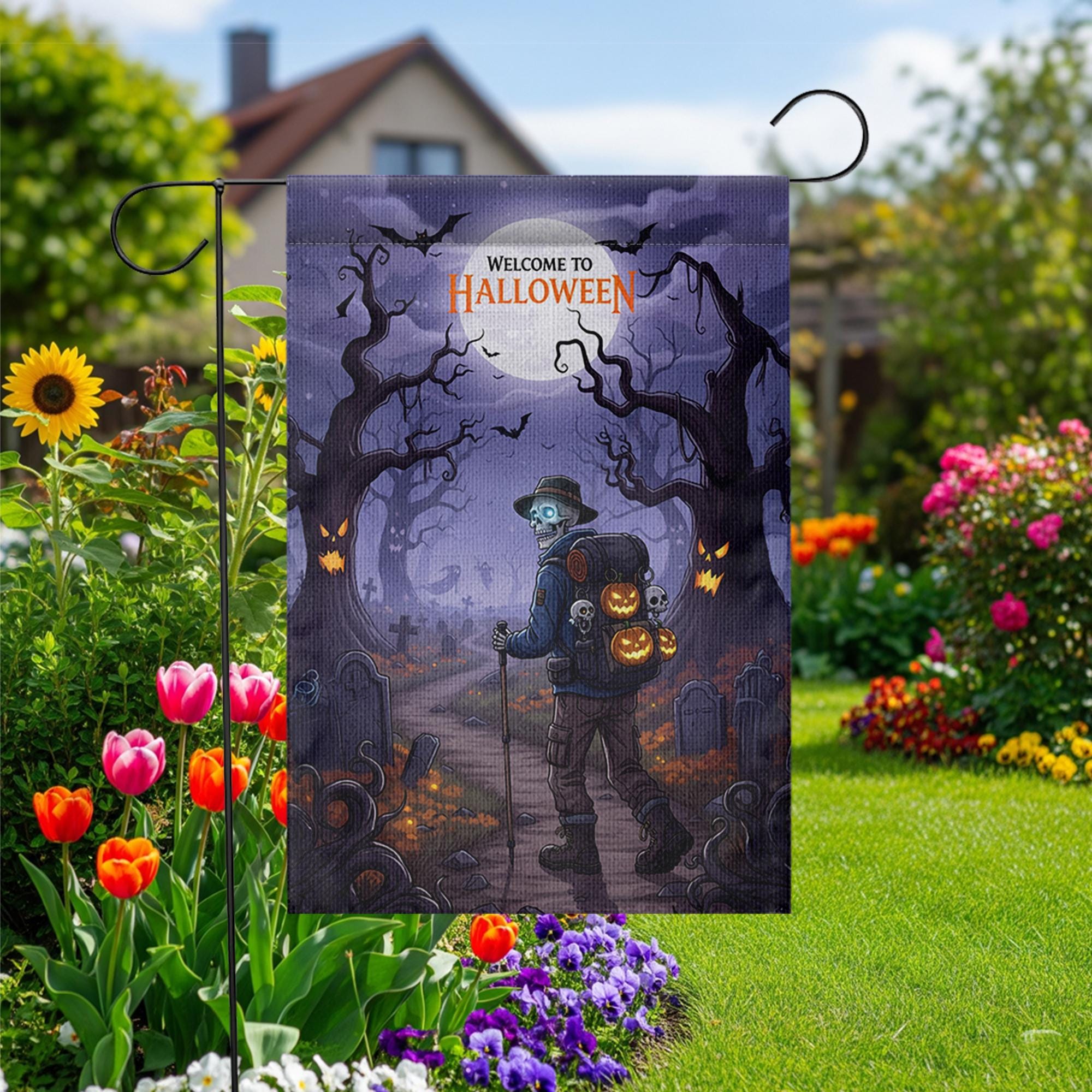Halloween Garden Flag – Skeleton Pumpkin Graveyard Decor, Spooky Yard Banner, Fall Outdoor Decoration, Welcome to Halloween Sign