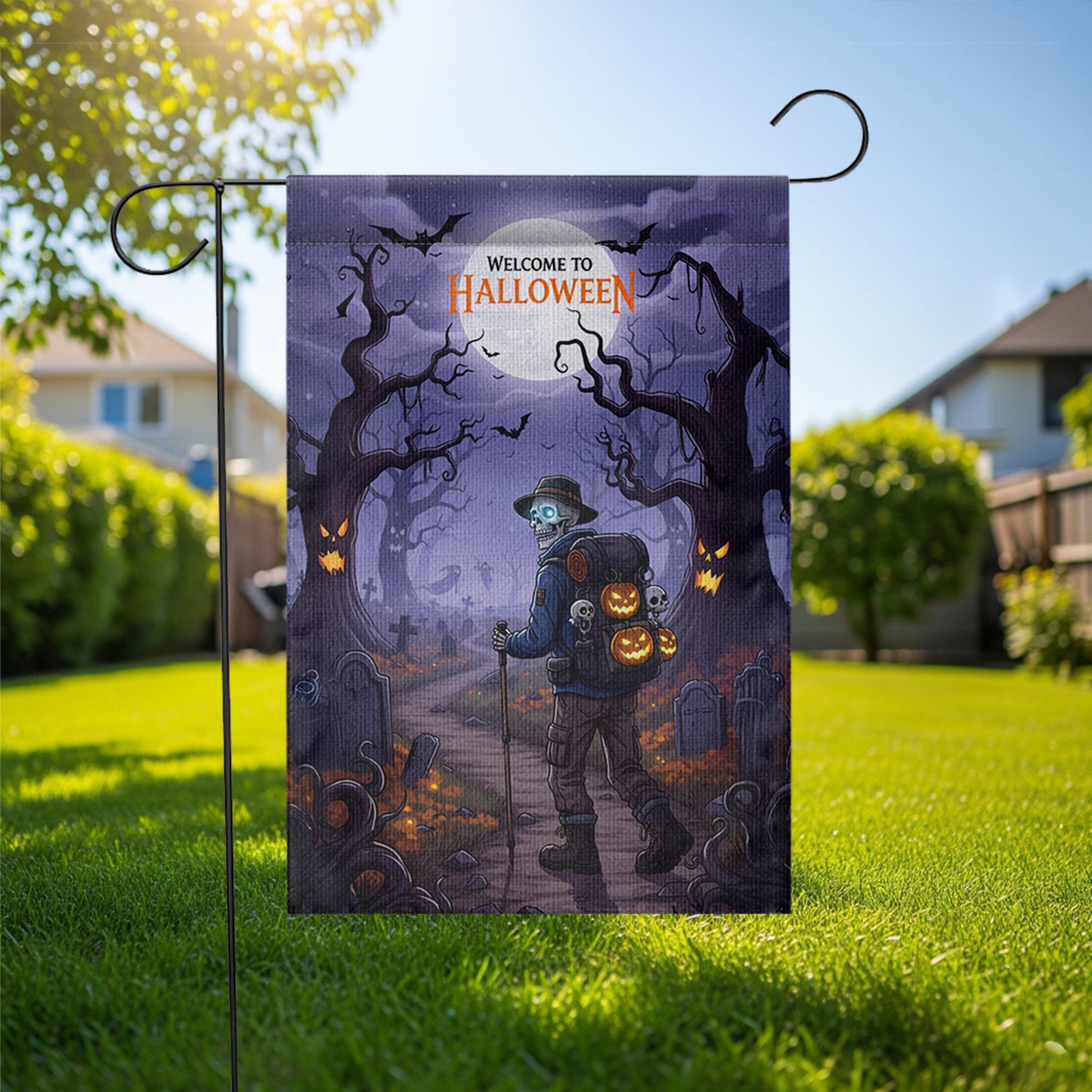 Halloween Garden Flag – Skeleton Pumpkin Graveyard Decor, Spooky Yard Banner, Fall Outdoor Decoration, Welcome to Halloween Sign