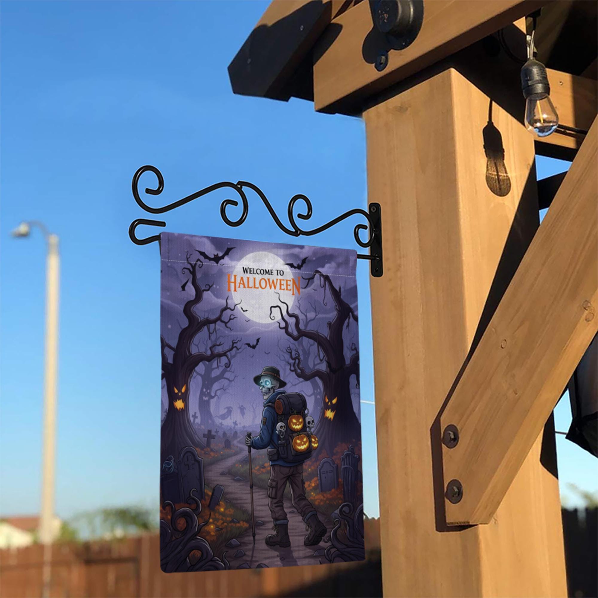 Halloween Garden Flag – Skeleton Pumpkin Graveyard Decor, Spooky Yard Banner, Fall Outdoor Decoration, Welcome to Halloween Sign