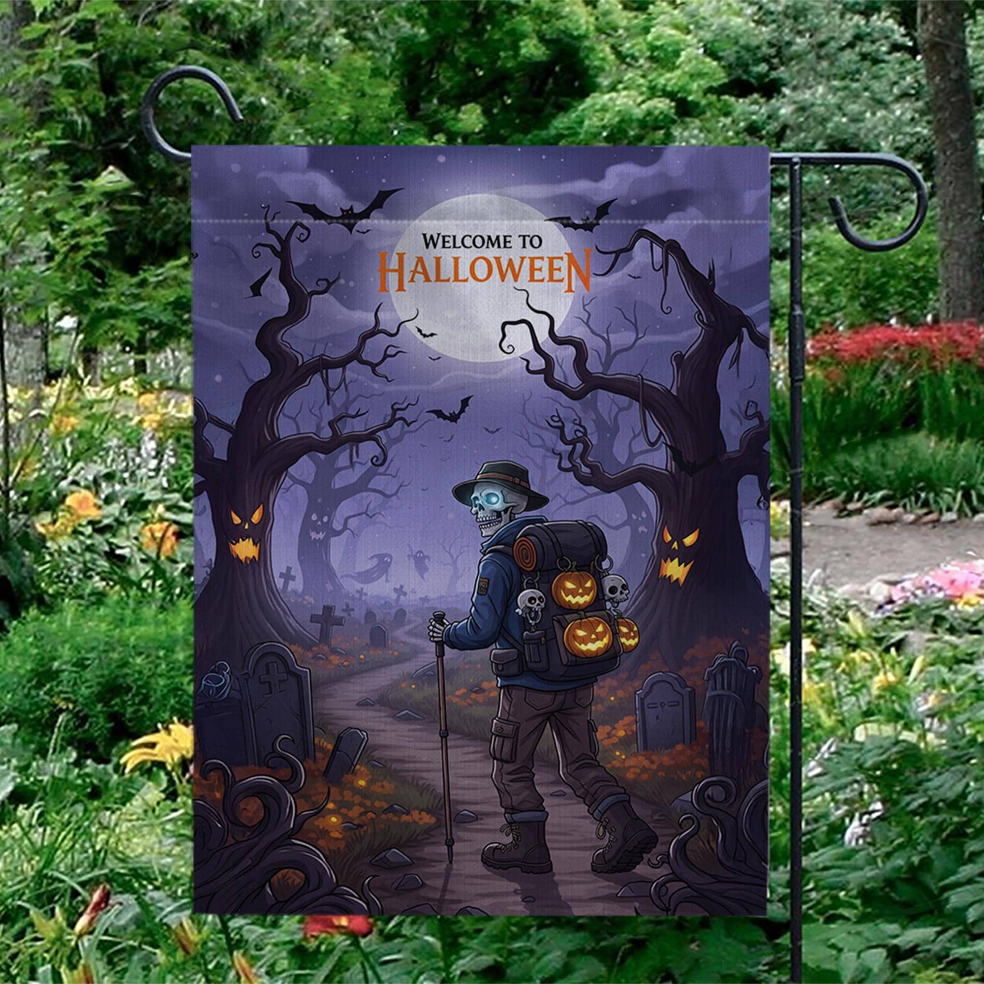 Halloween Garden Flag – Skeleton Pumpkin Graveyard Decor, Spooky Yard Banner, Fall Outdoor Decoration, Welcome to Halloween Sign
