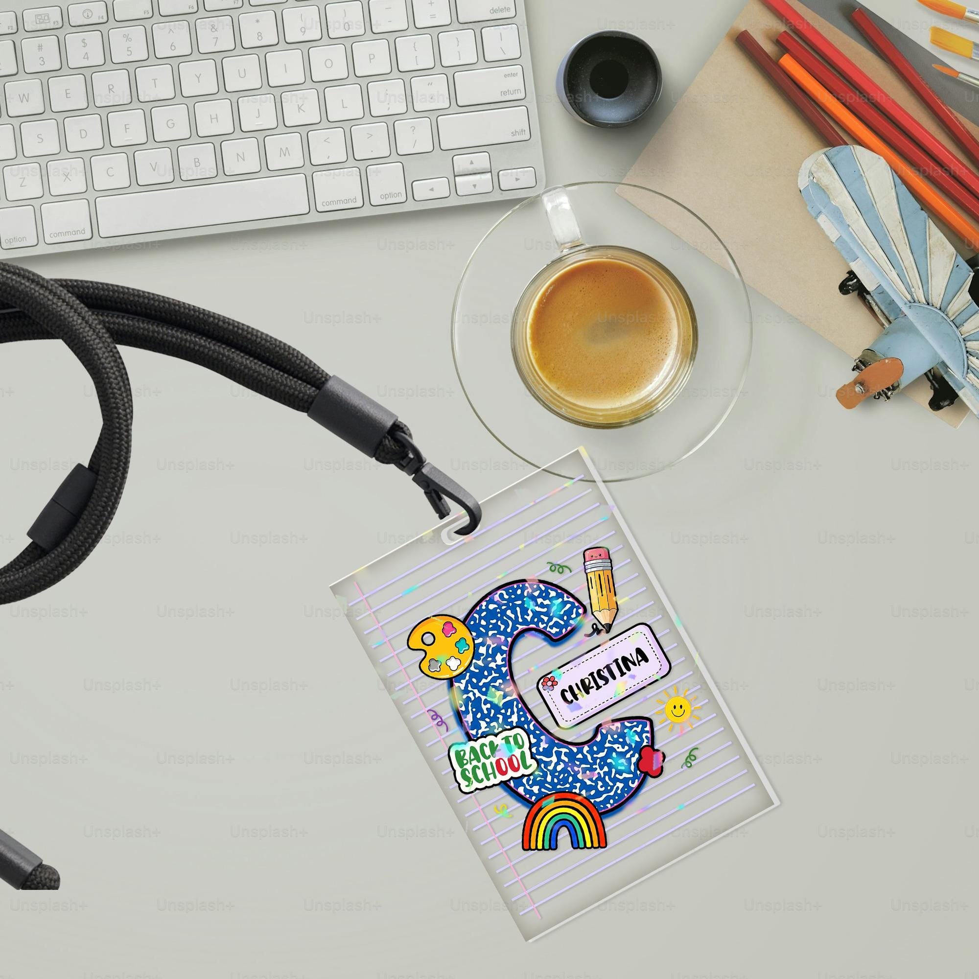 Personalized Back to School ID Badge Holder – Custom Name Lanyard Insert with Notebook Paper & Rainbow Design for Teachers or Students