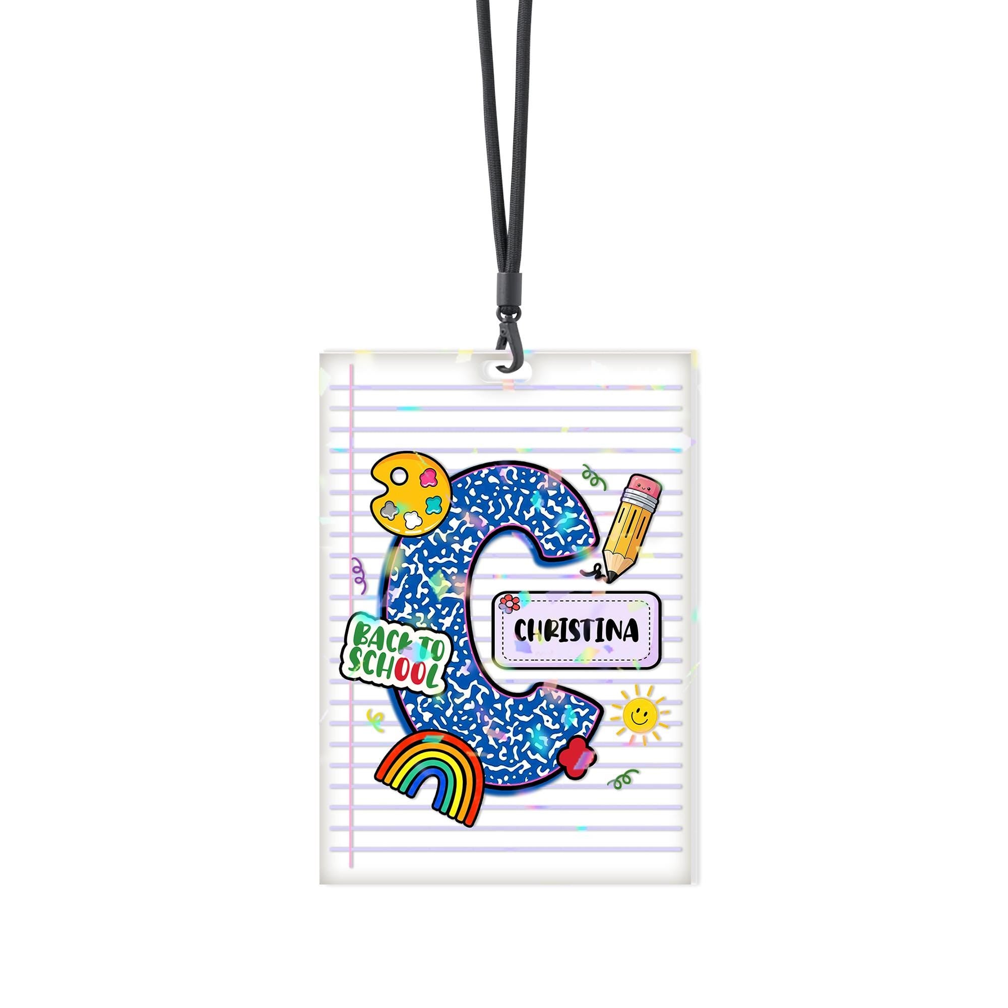 Personalized Back to School ID Badge Holder – Custom Name Lanyard Insert with Notebook Paper & Rainbow Design for Teachers or Students