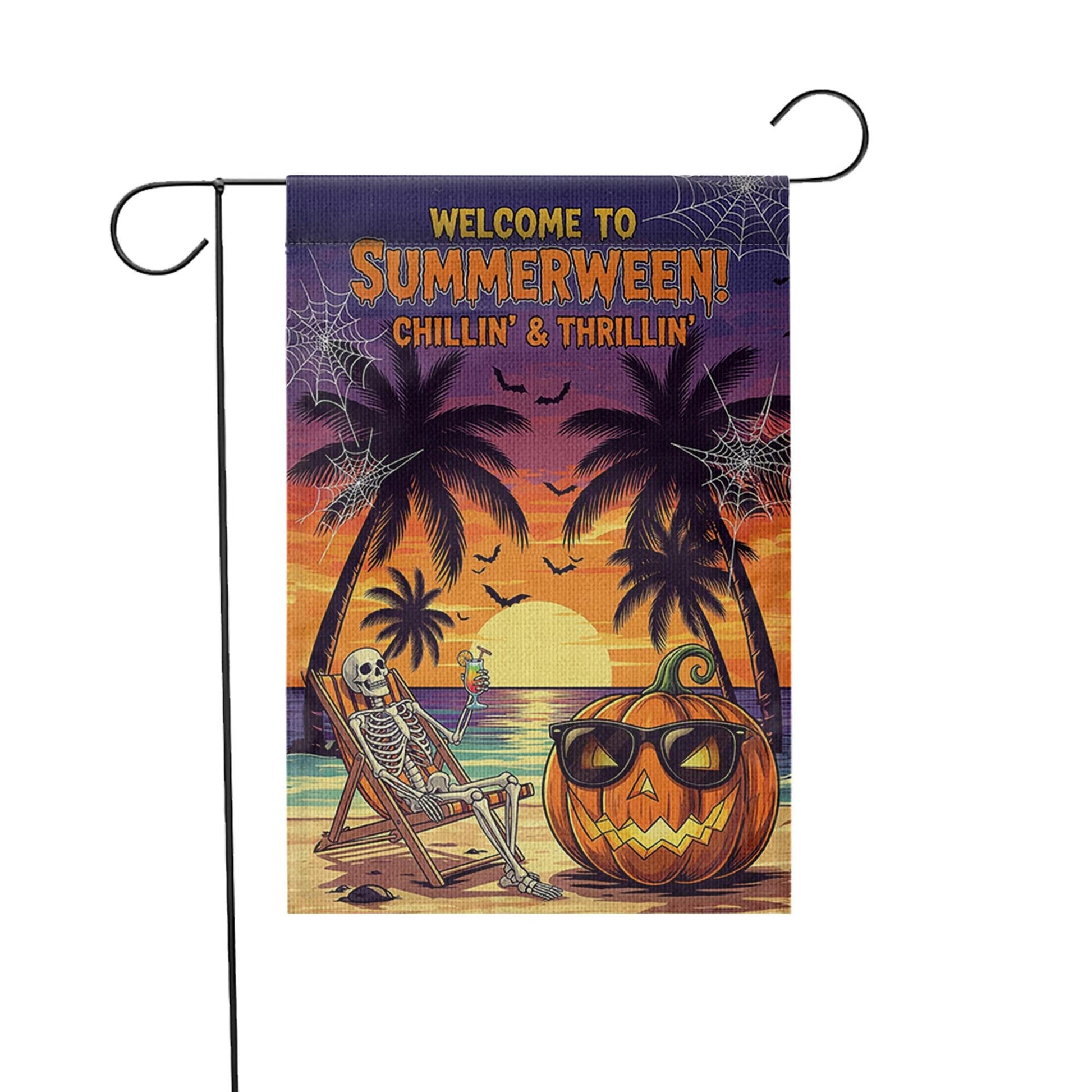 Summerween Garden Flag – Funny Skeleton Pumpkin Decor, Halloween in Summer Banner, Tropical Spooky Yard Decoration, Beach Vibes Sign