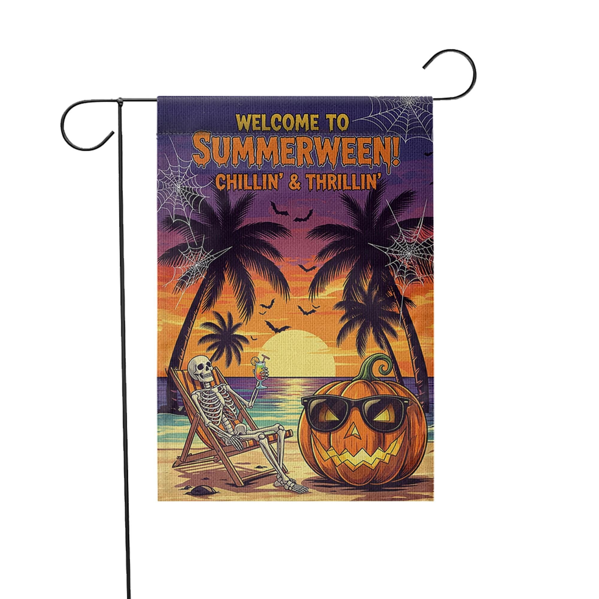 Summerween Garden Flag – Funny Skeleton Pumpkin Decor, Halloween in Summer Banner, Tropical Spooky Yard Decoration, Beach Vibes Sign