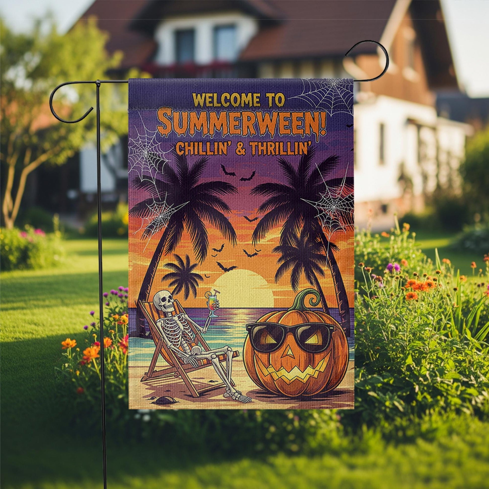 Summerween Garden Flag – Funny Skeleton Pumpkin Decor, Halloween in Summer Banner, Tropical Spooky Yard Decoration, Beach Vibes Sign