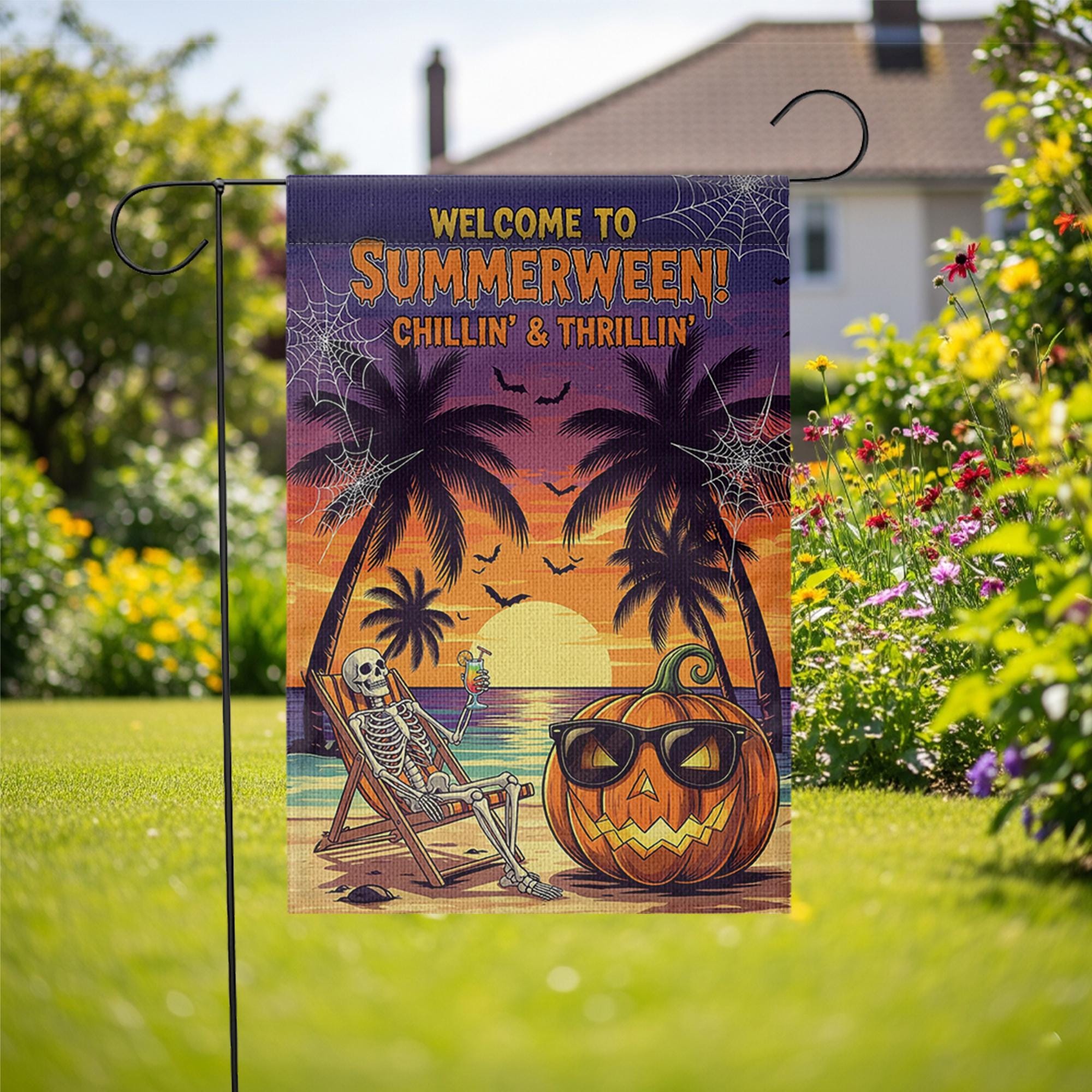 Summerween Garden Flag – Funny Skeleton Pumpkin Decor, Halloween in Summer Banner, Tropical Spooky Yard Decoration, Beach Vibes Sign