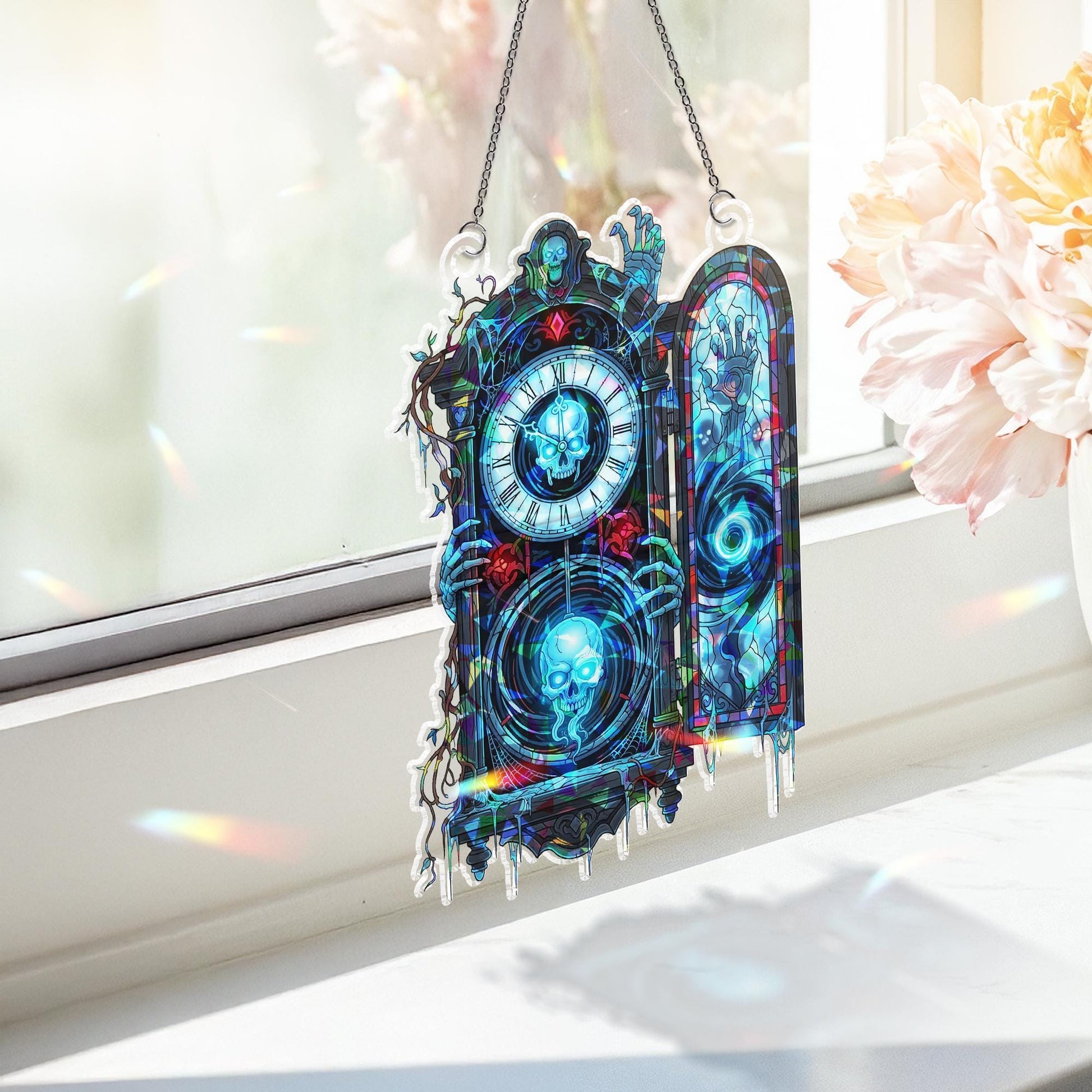 Haunted Clock Suncatcher – Gothic Skull Window Decor, Spooky Stained Glass Ornament, Halloween Ghost Hour Art, Grim Reaper Hanging