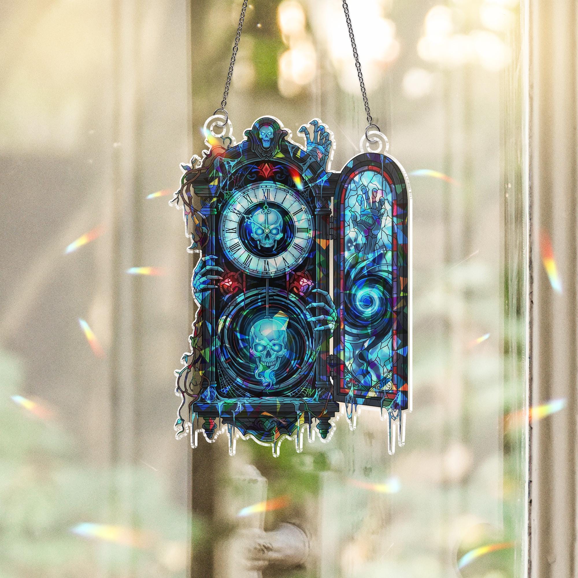 Haunted Clock Suncatcher – Gothic Skull Window Decor, Spooky Stained Glass Ornament, Halloween Ghost Hour Art, Grim Reaper Hanging
