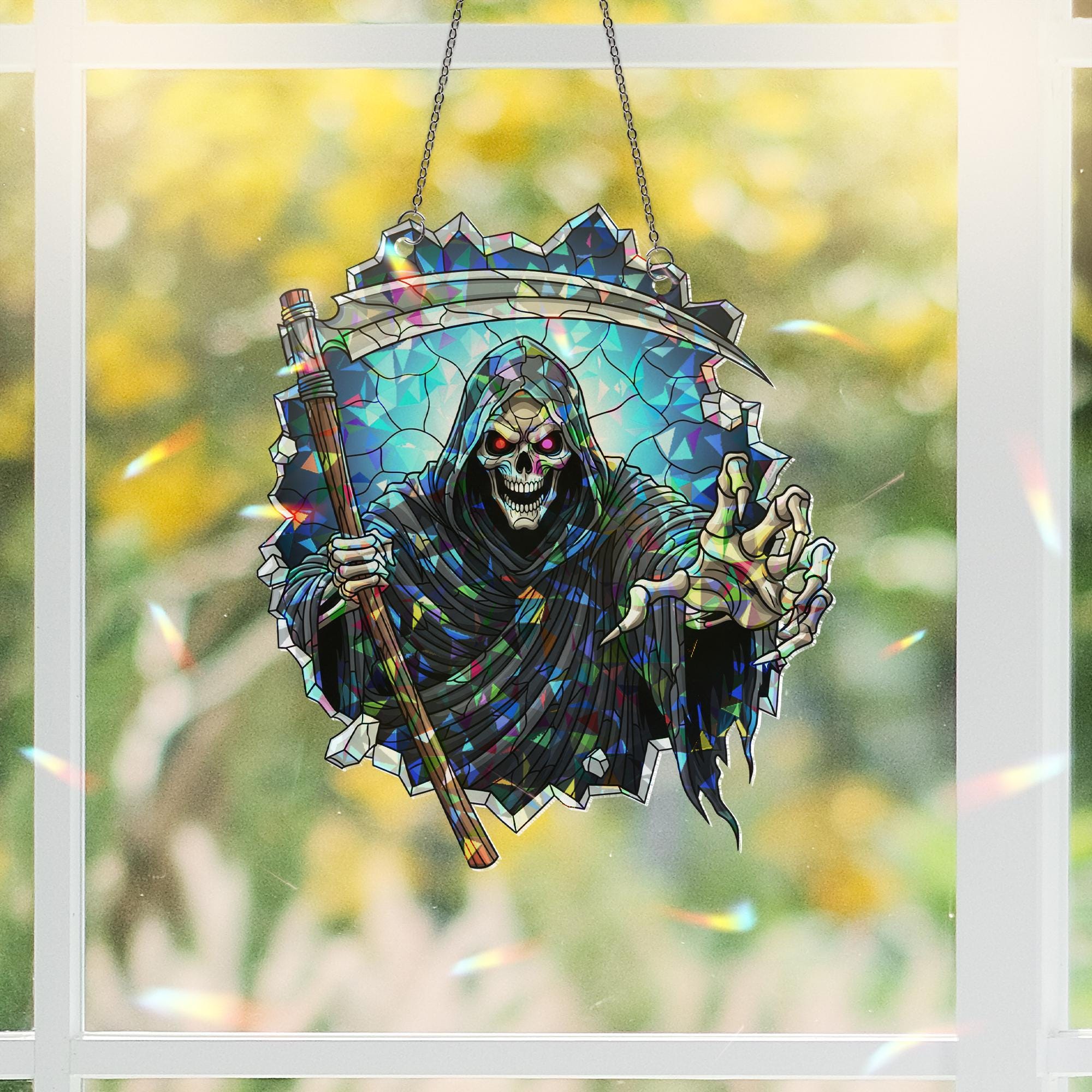 Grim Reaper Suncatcher – Stained Glass Skull Window Decor, Halloween Scythe Ornament, Spooky Gothic Hanging Skeleton Art