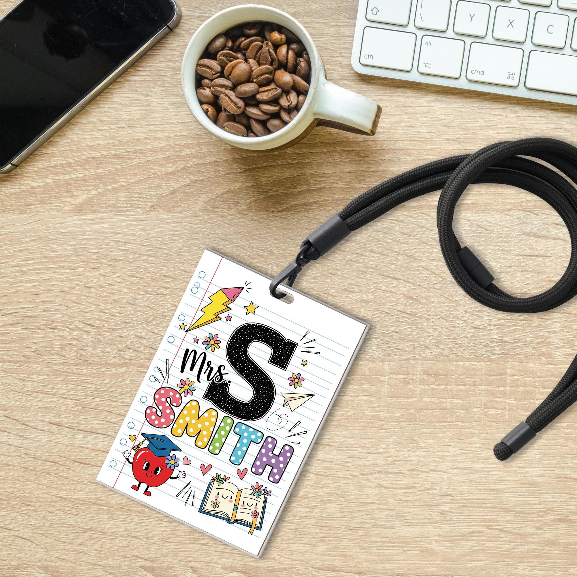 Personalized Teacher Lanyard ID Badge – Cute Doodle School Theme with Name & Initial, Custom Back to School Gift for Educators, Teacher Gift
