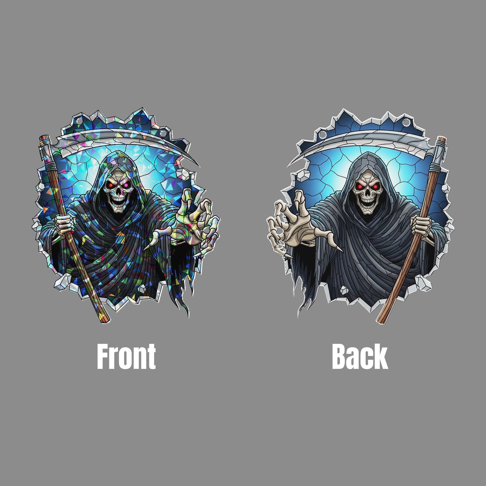 Grim Reaper Suncatcher – Stained Glass Skull Window Decor, Halloween Scythe Ornament, Spooky Gothic Hanging Skeleton Art