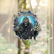 Grim Reaper Suncatcher – Stained Glass Skull Window Decor, Halloween Scythe Ornament, Spooky Gothic Hanging Skeleton Art