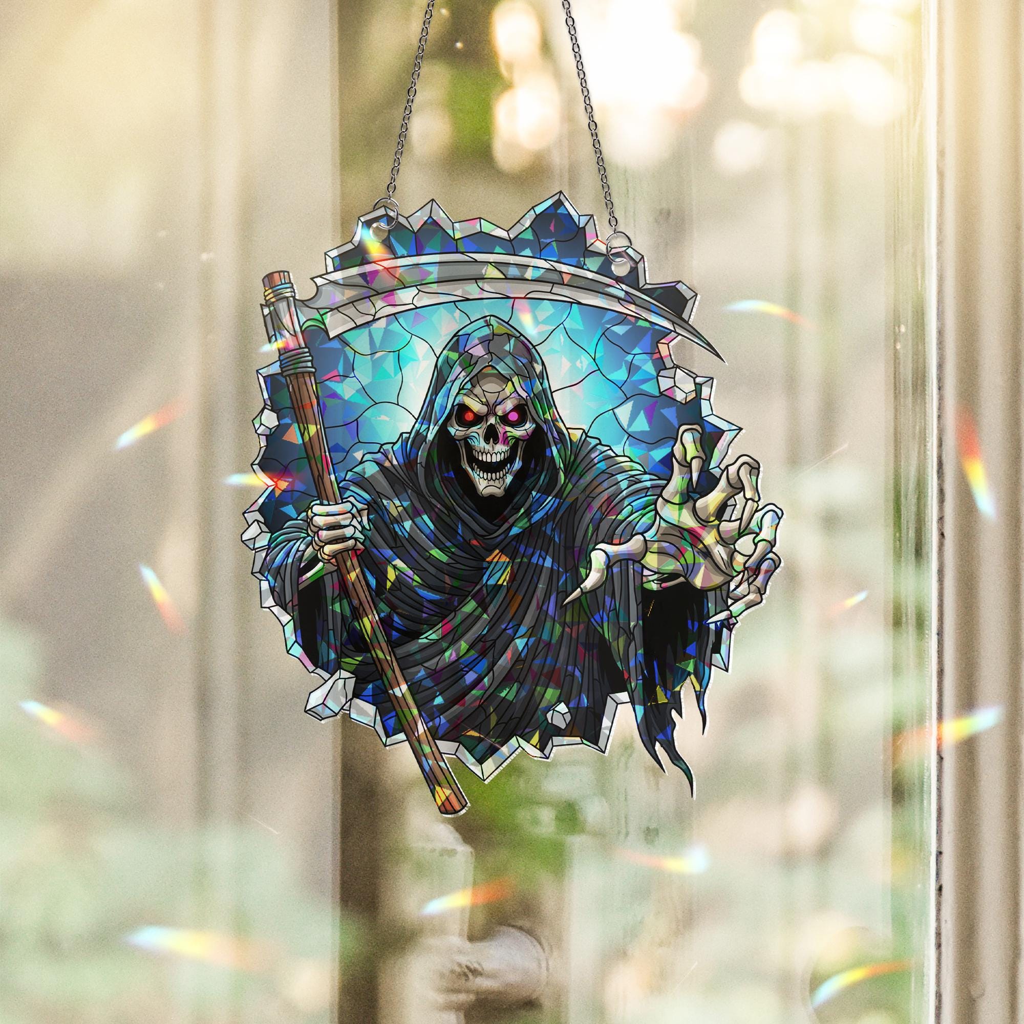 Grim Reaper Suncatcher – Stained Glass Skull Window Decor, Halloween Scythe Ornament, Spooky Gothic Hanging Skeleton Art