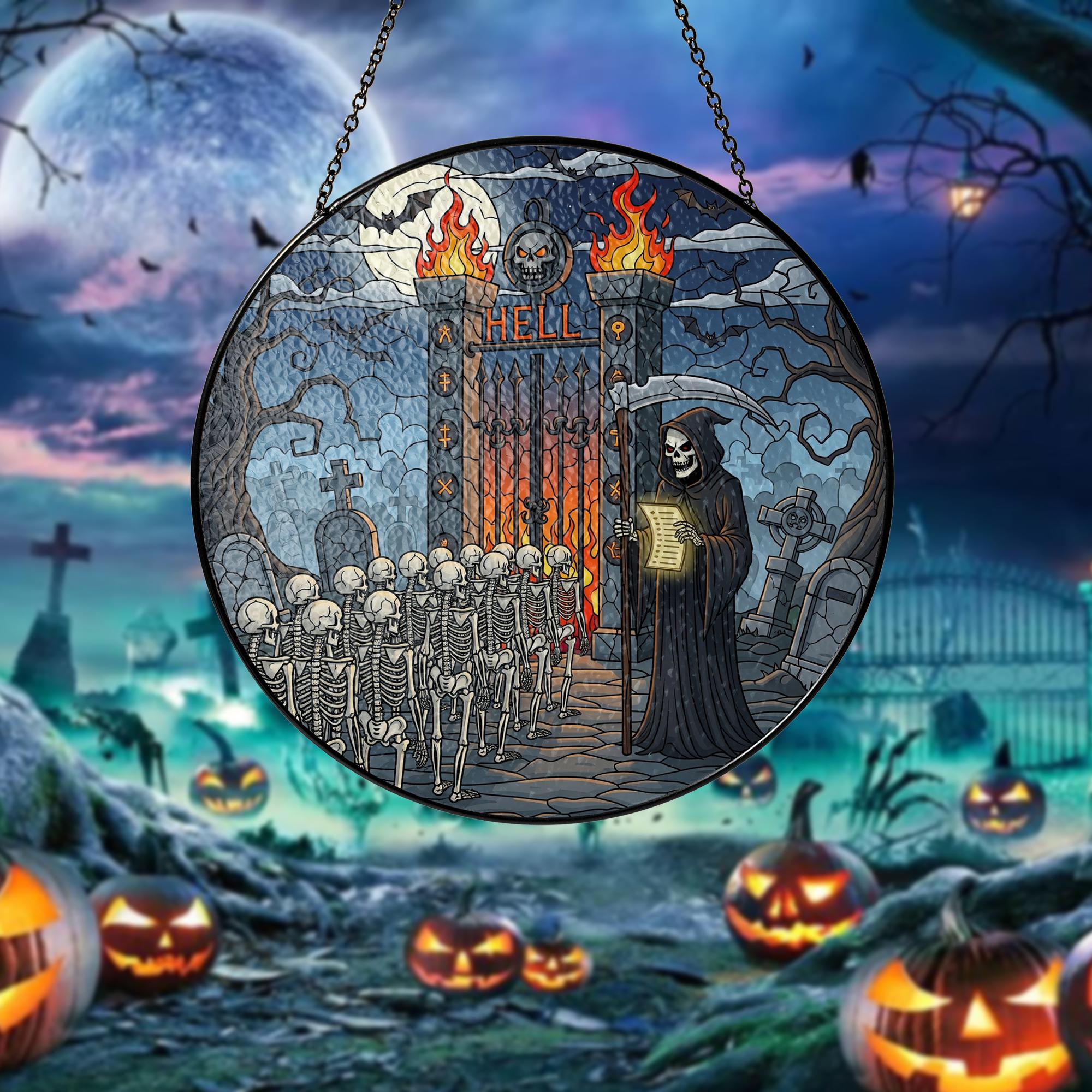 Grim Reaper Hell Gate Suncatcher – Gothic Skeleton Halloween Window Decor, Dark Fantasy Horror Art Ornament