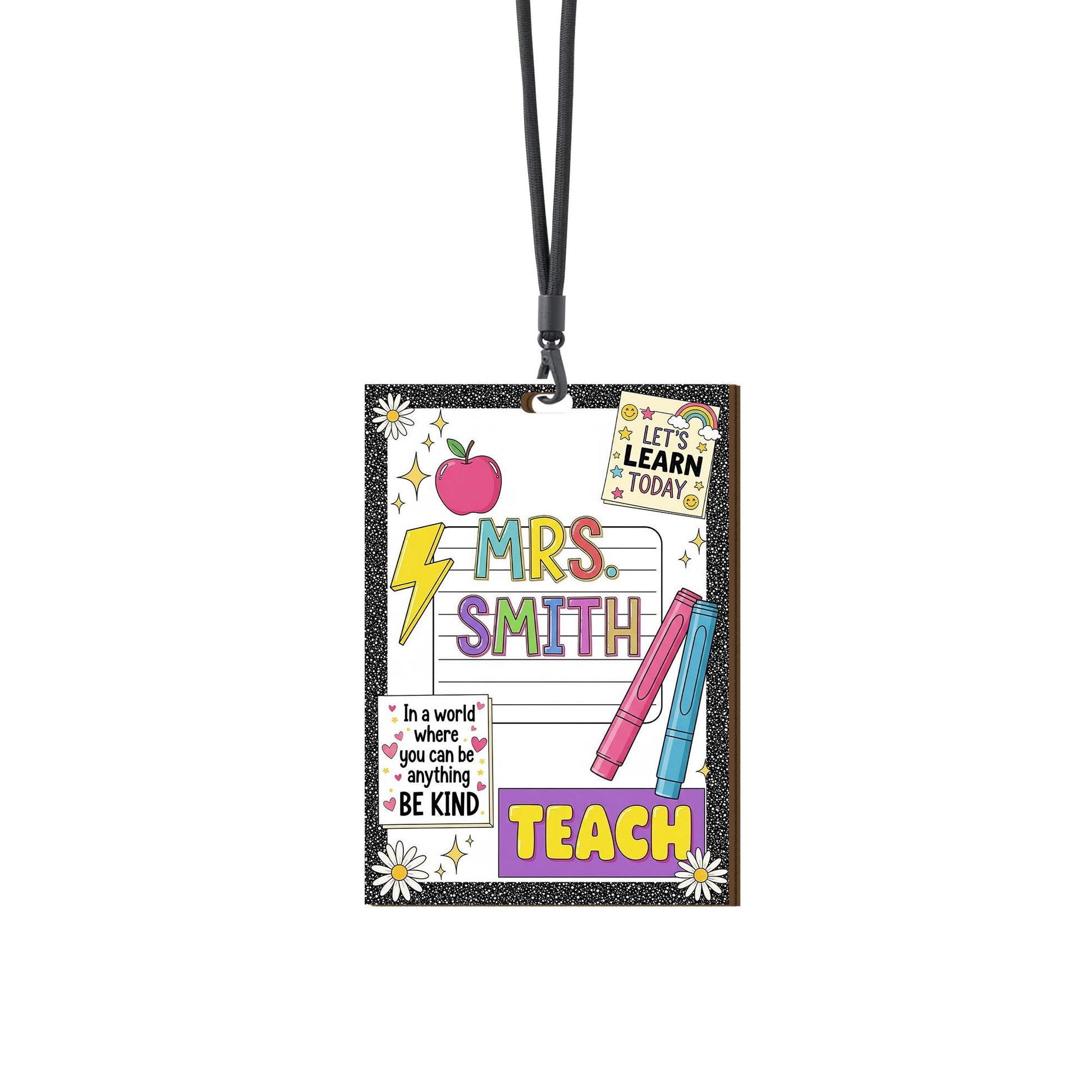 Custom Teacher ID Lanyard Badge – Cute Back to School Lanyard Card with Name, Glitter Border, and Positive Quote – Teacher Gift