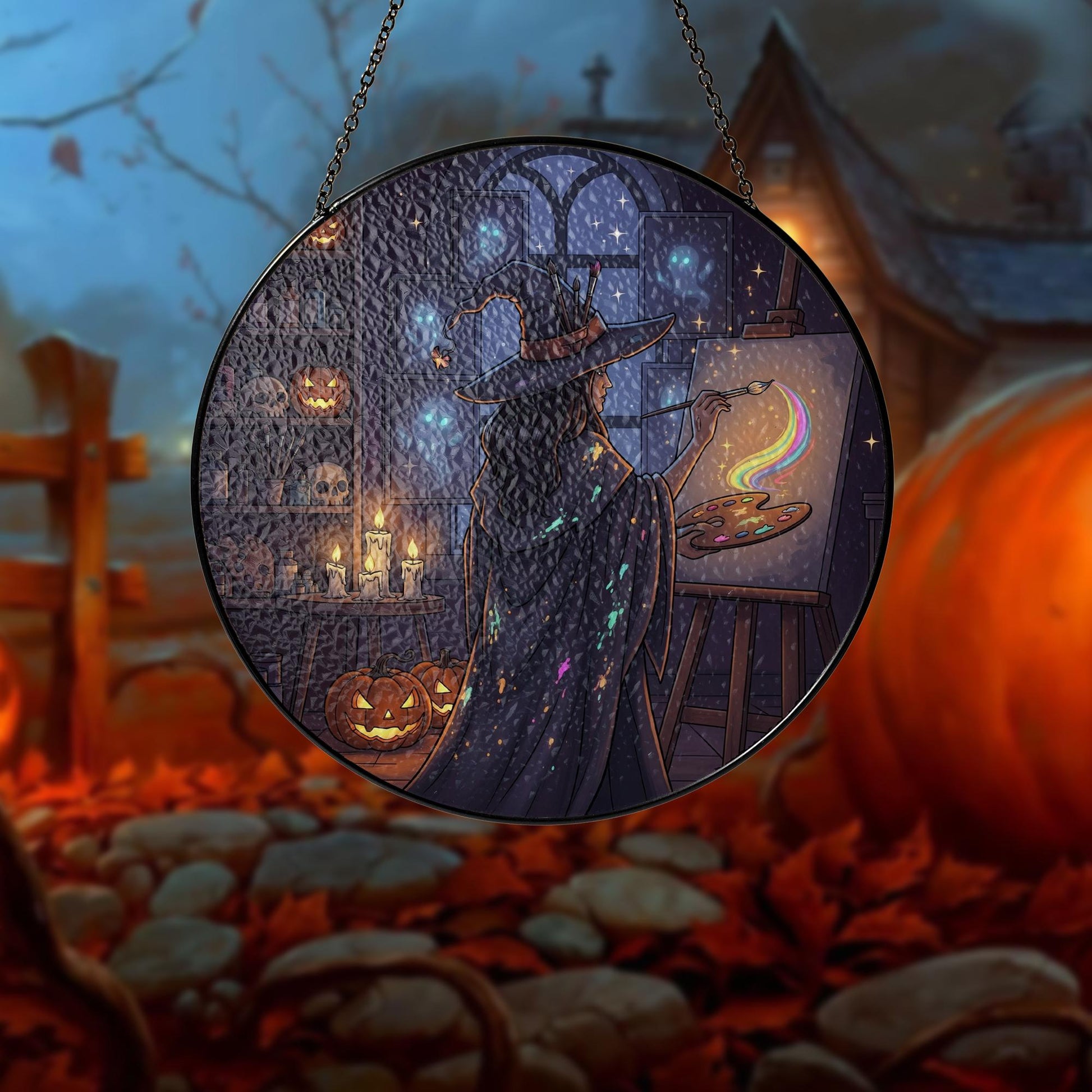 Witch Painting Suncatcher – Halloween Rainbow Art Glass Decor, Spooky Witchy Window Hanging