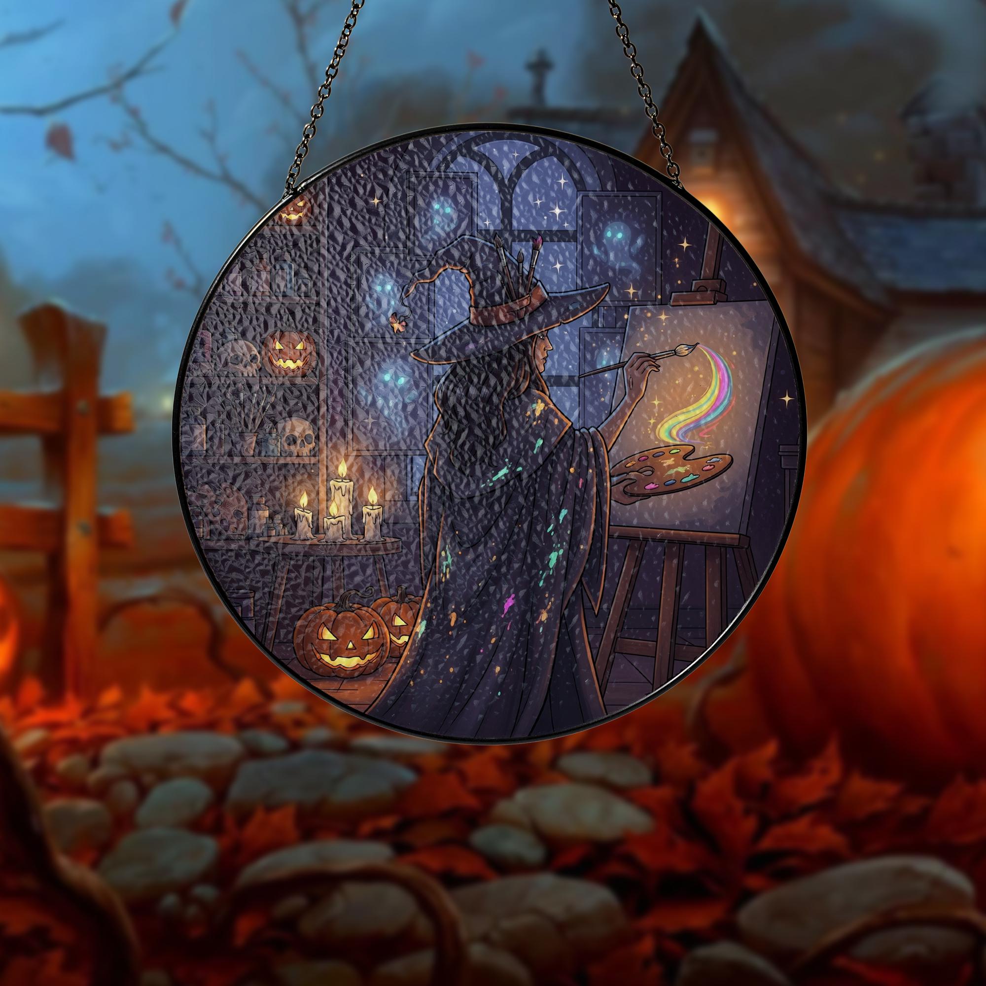 Witch Painting Suncatcher – Halloween Rainbow Art Glass Decor, Spooky Witchy Window Hanging
