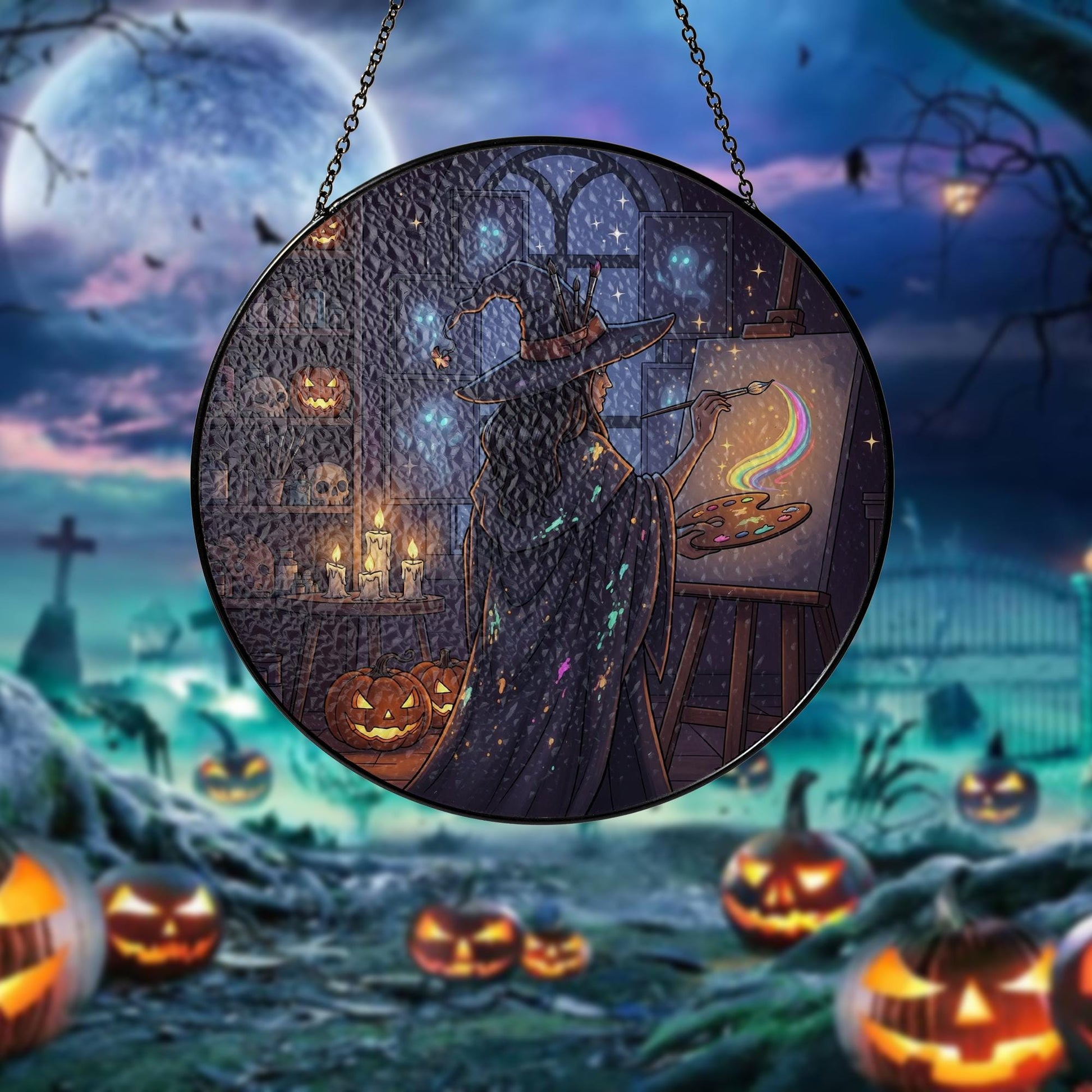 Witch Painting Suncatcher – Halloween Rainbow Art Glass Decor, Spooky Witchy Window Hanging